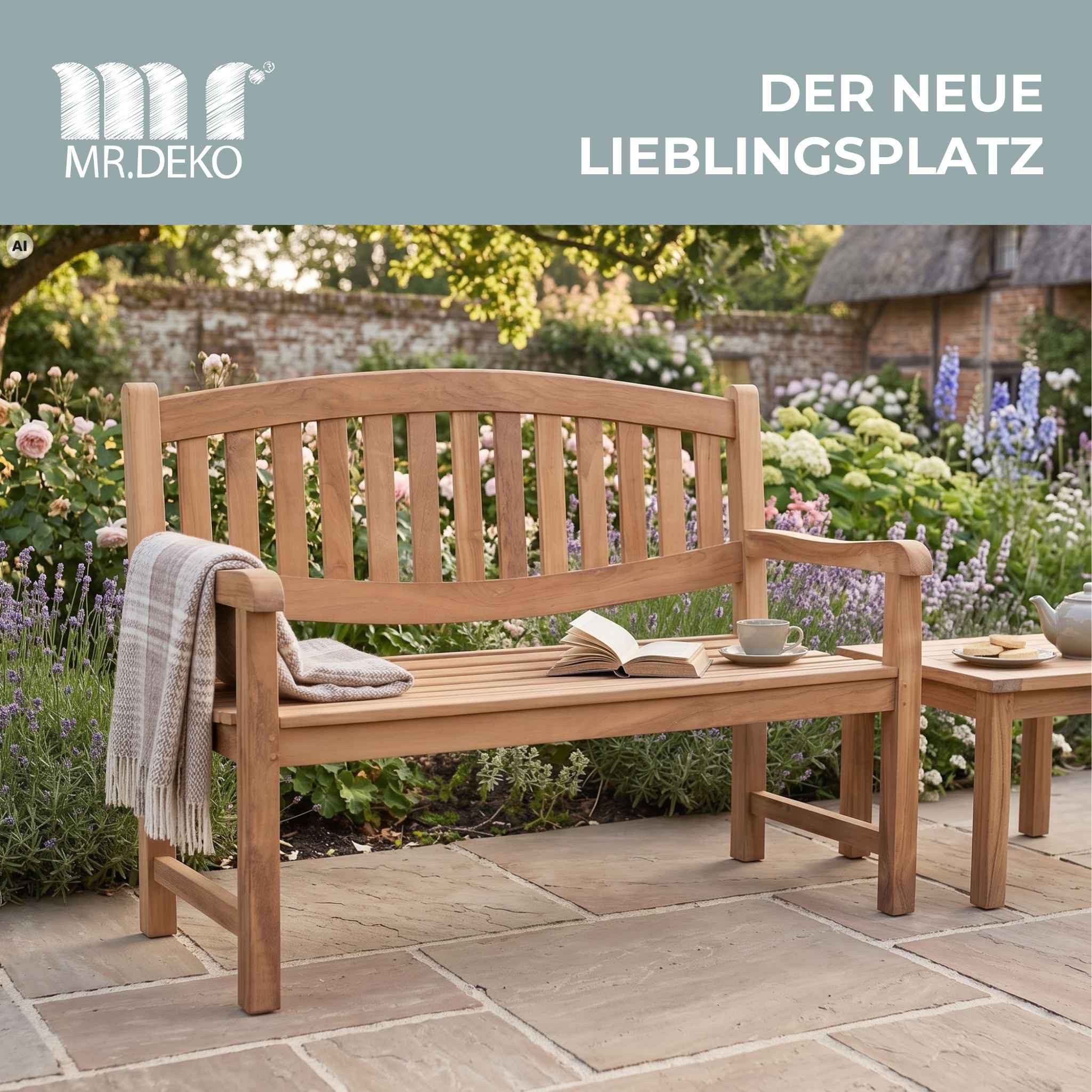 MR.DEKO Gartenbank Bradford – Teakholz Bank 2-Sitzer, geschwungene Rückenlehne (2-Sitzer Bank, zerlegt geliefert, ideal für Terrasse, 1-St), Massive Sitzbank Garten und Balkon, 250 kg belastbar