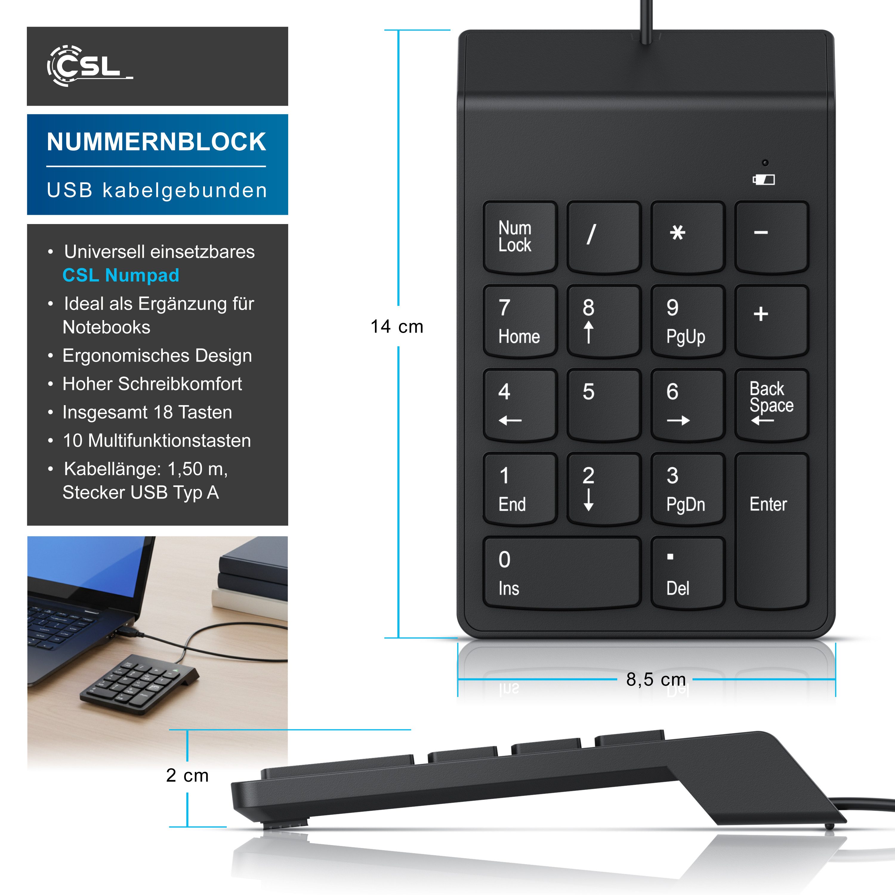 CSL Numpad, Keypad inkl. Mulitmediatasten, USB, Nummerntastenfeld Wireless-Tastatur (Nummernblock Zusatztastatur, 10 Multimedia Keys, 18 Tasten, Laptop, PC)