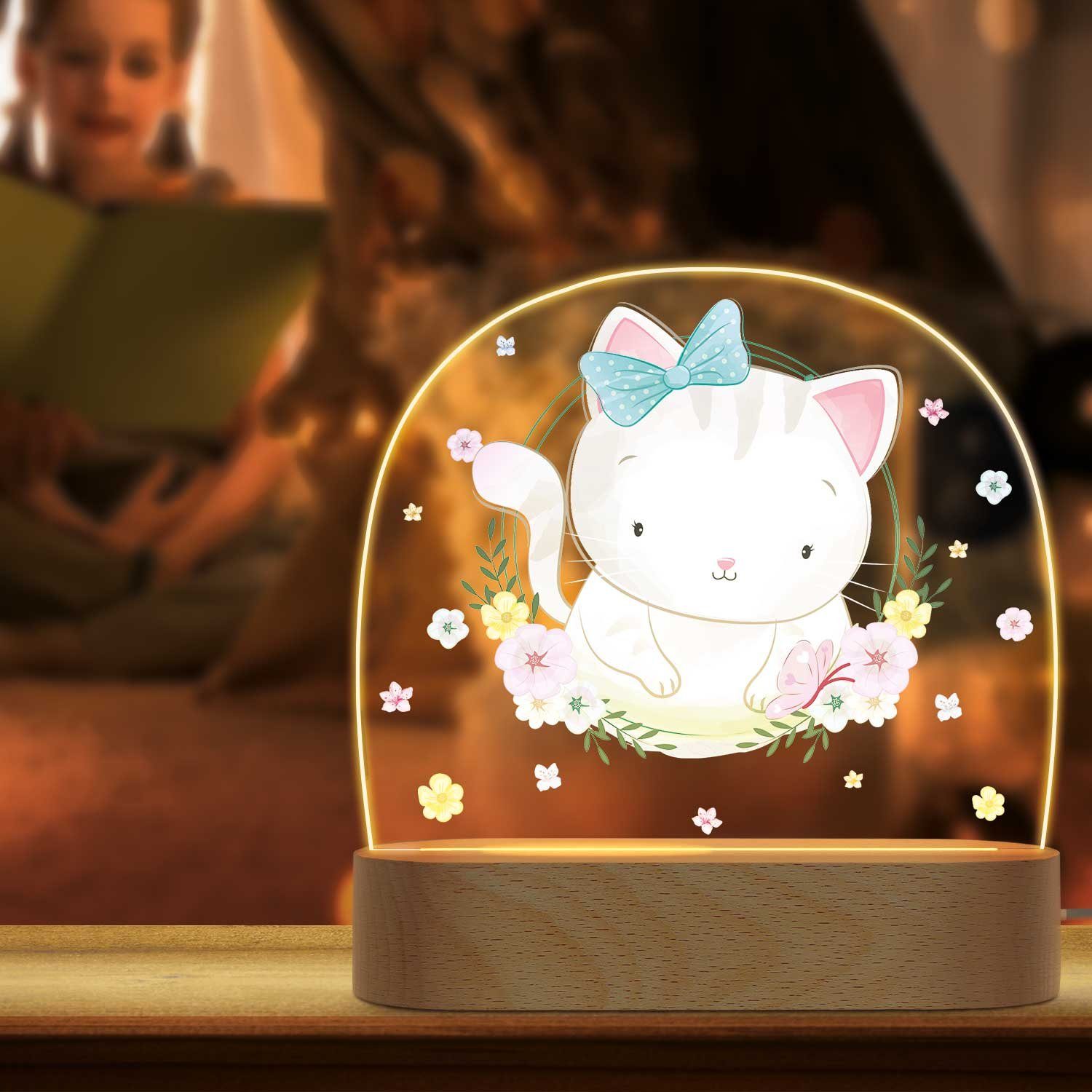 GRAVURZEILE LED Nachtlicht für Kinder, Beruhigend und Energiesparend - Blumen Design - Katze, LED, 3 Lichtmodi: Warm- Kalt- und Mischweiß, Geschenk für Kinder & Baby