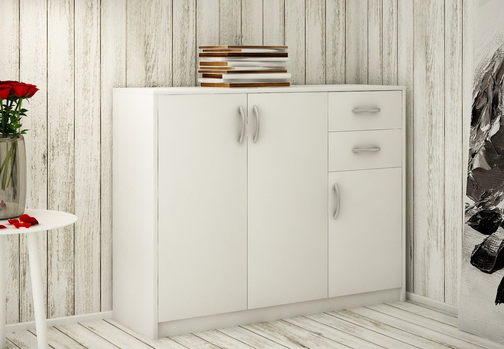 Home Collective Kommode mit 2 Schubladen und 3 Türen in matter Ausführung, Kommode 110cm breit (Hergestellt aus laminierten Platten, Metallrollen mit Auszugsperre), Holz Schrank Sideboard Highboard Kommode mit Schubladen Weiß