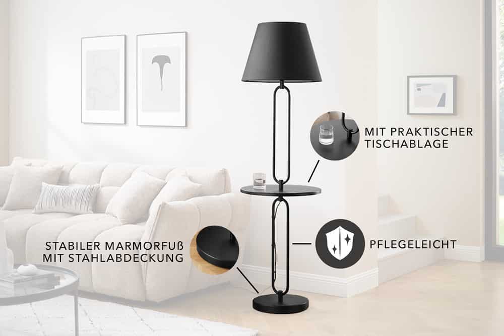 riess-ambiente Stehlampe SERVANT 175cm schwarz -Metall, Stoff, Tischablage, rund, Beistelltisch, Ein-/Ausschalter, ohne Leuchtmittel, Stehlampe mit Ablage - ideal für moderne Wohnzimmer und Schlafzimmer