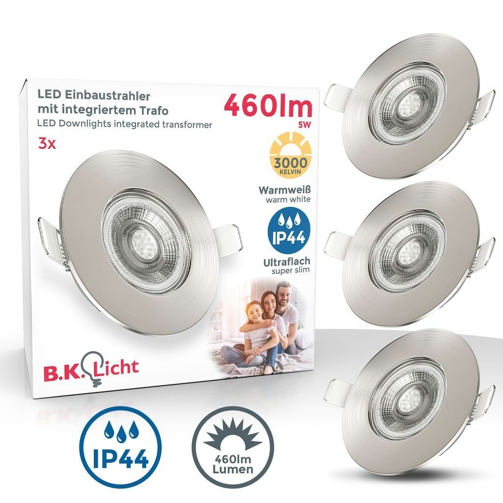 B.K.Licht LED Einbaustrahler Bad Einbauleuchten 3er Set Ultraflach 25mm - BKL1277, LED fest integriert, Warmweiß, Ø90mm Matt-Nickel 3x 5W 3x 460lm 3.000K IP44 Badspots Deckenspots