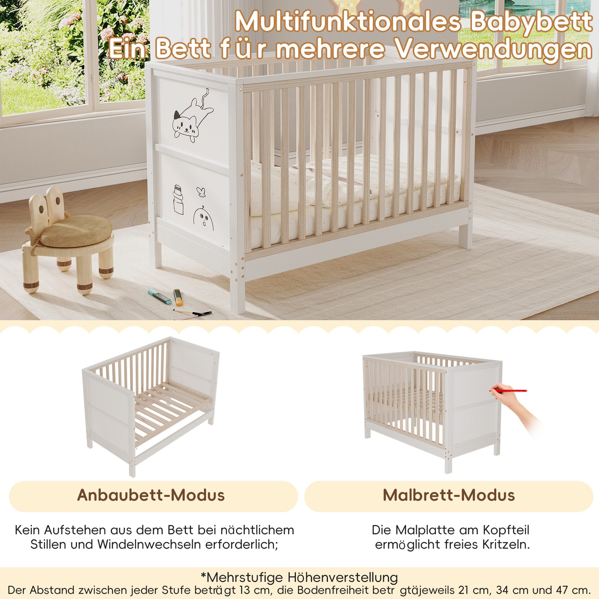 MODFU Babybett Wandelbares Schlafmöbel für Babys & Kleinkinder, bemalbare Flächen, 1-tlg., verstellbar, zur Kindercouch, 120x60x90 cm, Natur+Weiß