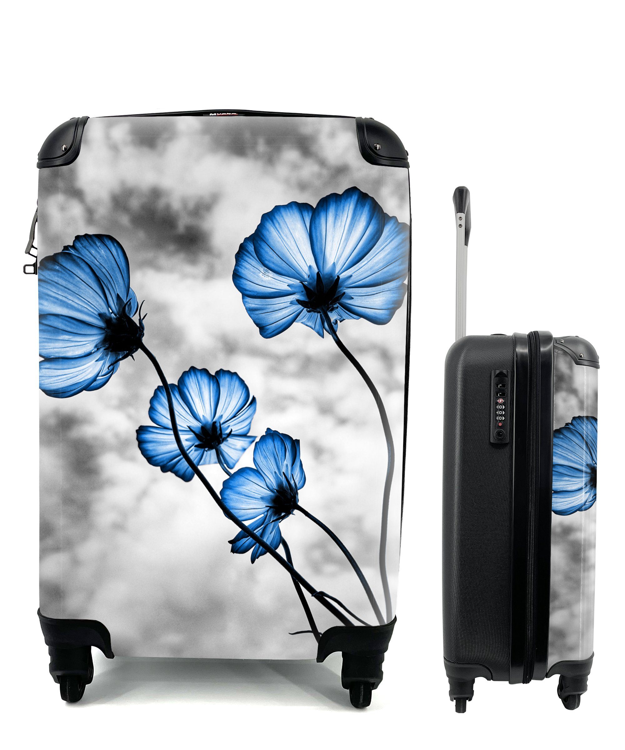 MuchoWow Handgepäckkoffer Blumen - Blau - Schwarz - Weiß, 4 Rollen, Reisetasche mit rollen, Handgepäck für Ferien, Trolley, Reisekoffer