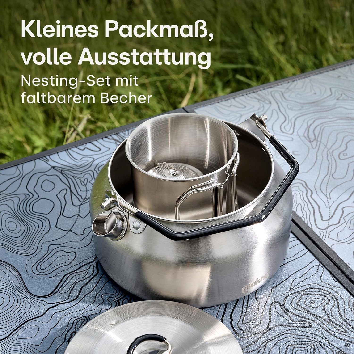 Praknu Reise-Wasserkocher Camping Wasserkocher Set 1L Edelstahl - Ohne Strom - Wasserkessel, 1 l, Stapelbar, kompakt, spülmaschinenfest, hitzebeständiger Griff – Bild 4 von 5