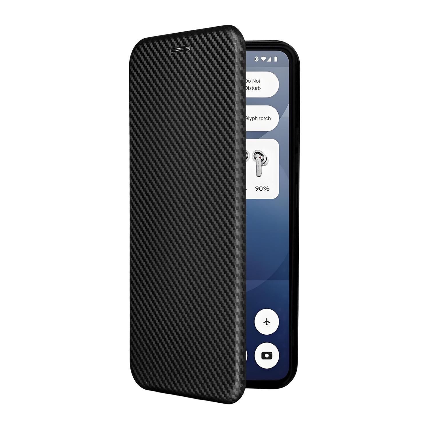 Wigento Smartphone-Hülle Für Nothing Phone 3a Carbon Faser Flip Textur Schutz Hülle Schwarz, Carbon Faser Flip Schutzhülle mit Kartenfach und Ständer