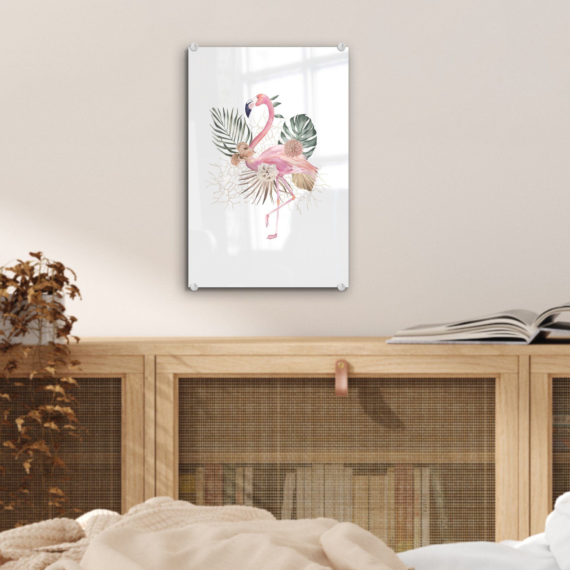 MuchoWow Acrylglasbild Pflanzen - Glasbilder - Glas - - Bilder bunt St), Blumen, auf (1 - auf Glas Wanddekoration Foto Wandbild Flamingo
