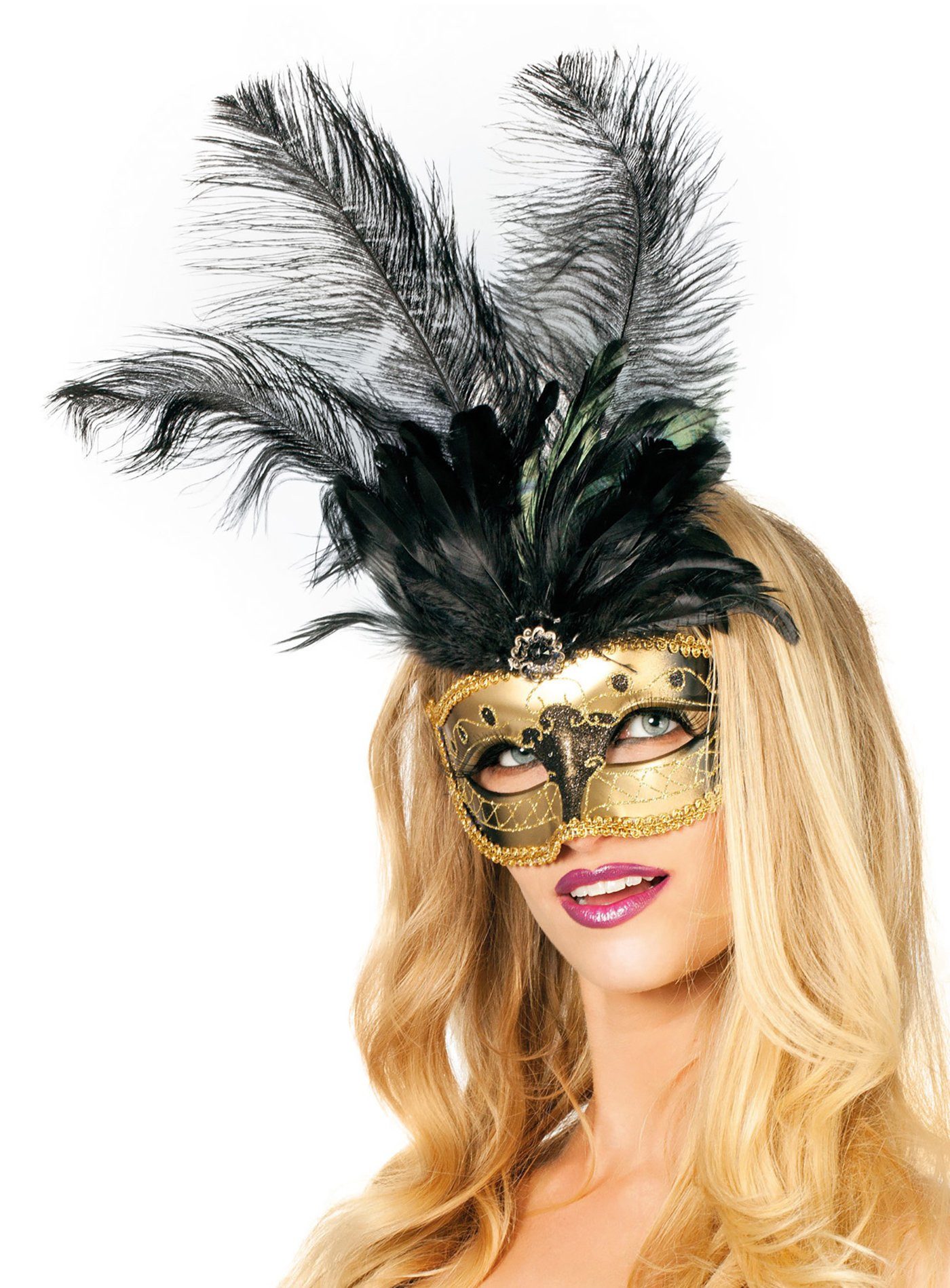 Metamorph Verkleidungsmaske Venezianische Federmaske gold, Ideal für venezianischen Maskenball, Krimidinner oder barocke Kostüme