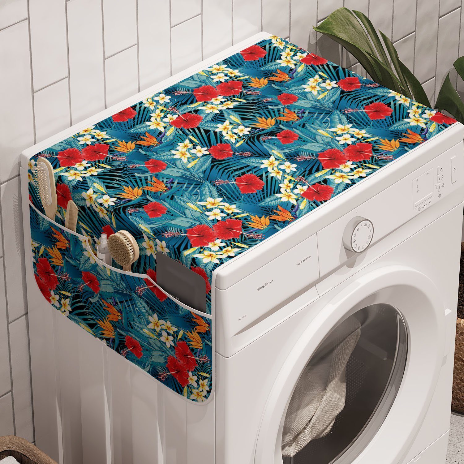 Abakuhaus Badorganizer Anti-Rutsch-Stoffabdeckung für Waschmaschine und Trockner, Sommer Dschungel-Blumen-Blüten-Motiv