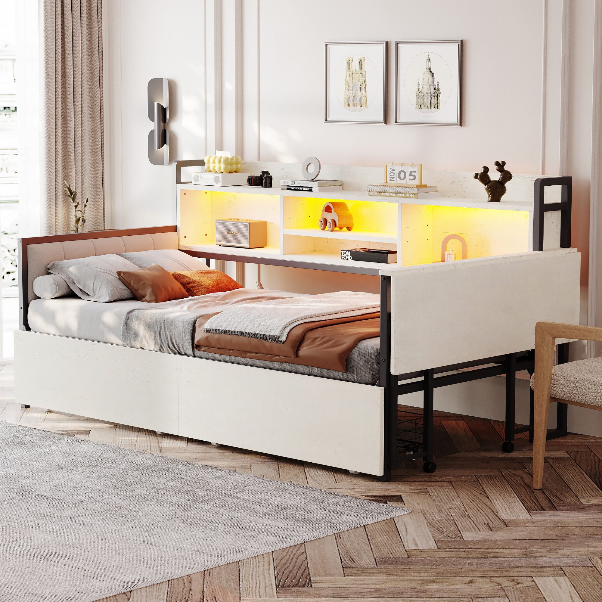 Flieks Daybett, Metallbett Kinderbett 90x200cm mit LED Aufladen Schubladen günstig online kaufen