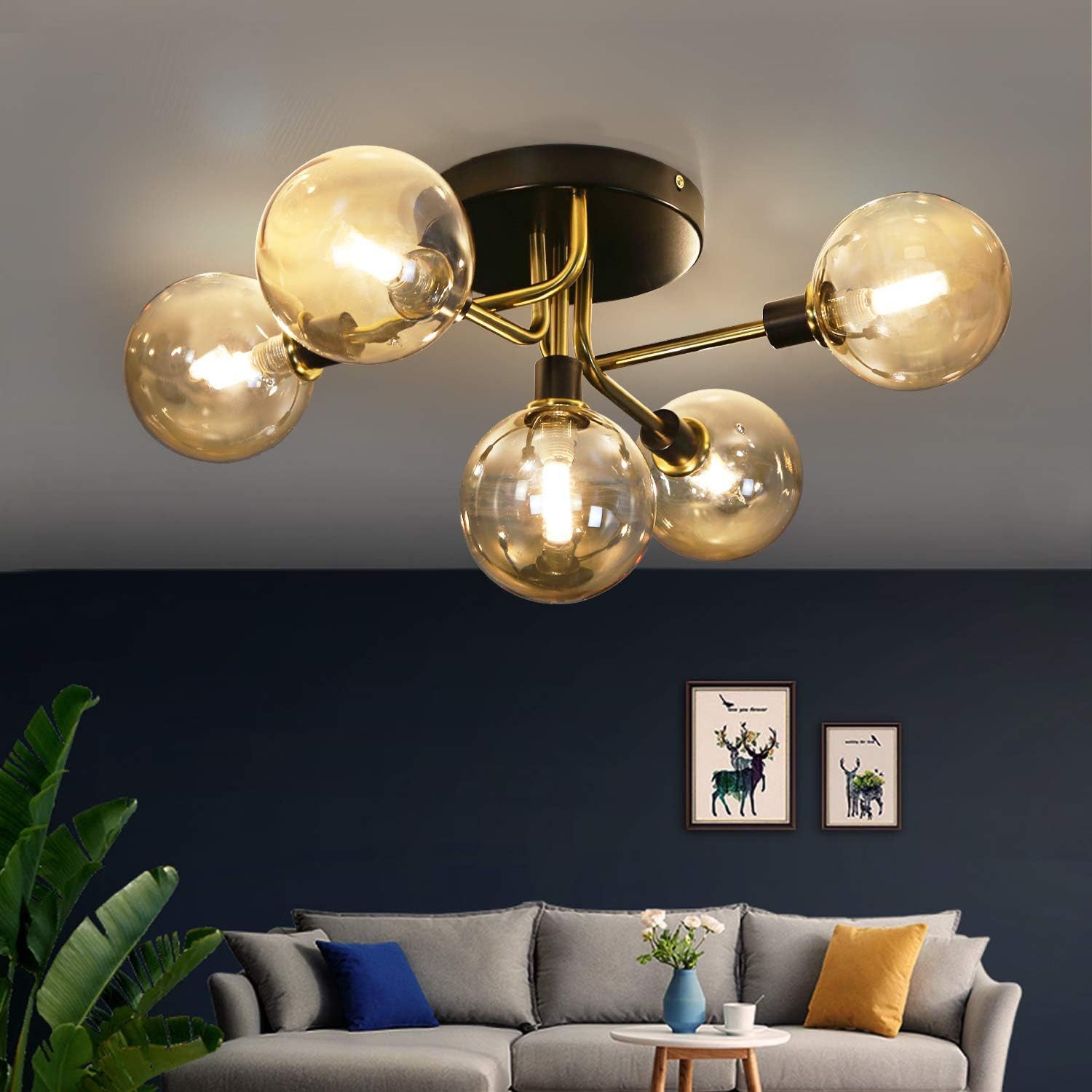 Nettlife LED Deckenleuchte Wohnzimmer 5 Flammig Glaskugeln Rauchgraues/Gold G9 Warmweiß, LED wechselbar, Warmweiß, Berstein Glaskugel,G9 Fassung