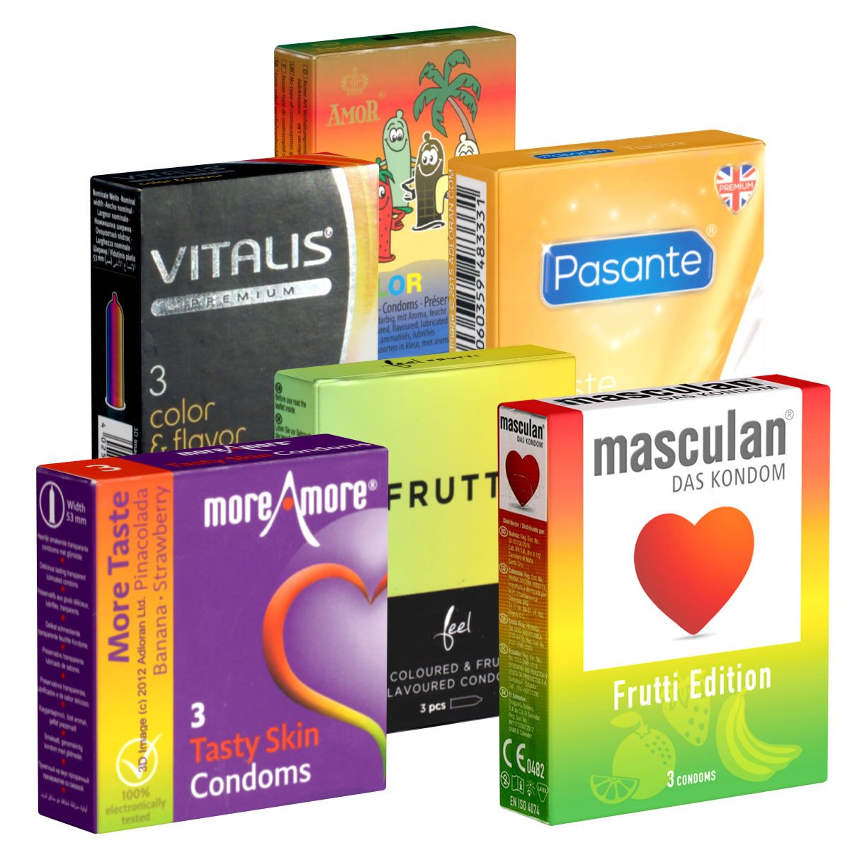 Kondomotheke Kondome Fruity & Tasty SIXPACK 6 Packungen köstliche Kondome, insgesamt, 18 St., aromatisierte Kondome, Kondome mit Geschmack, Probierset, anregend und bunt, fruchtige Aromen, für Genießer empfohlen