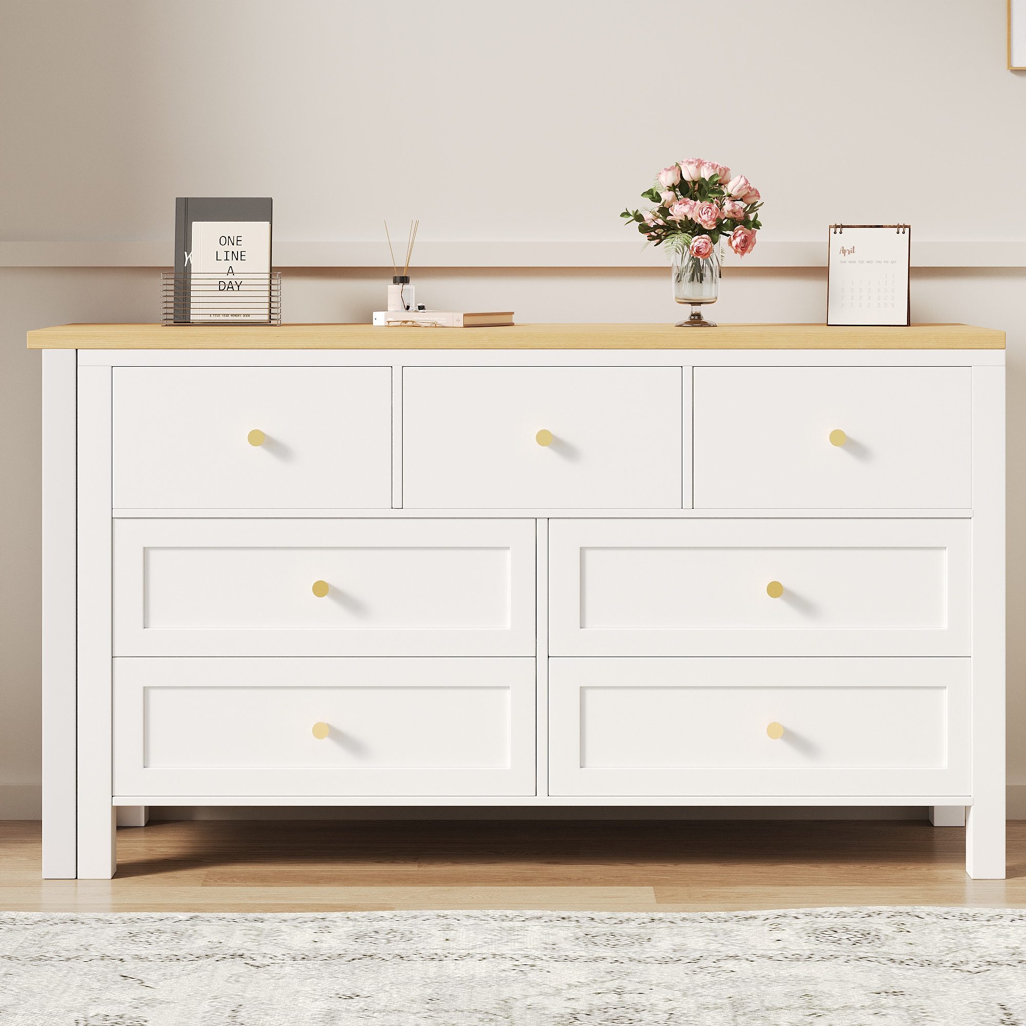 Merax Schreibtisch L-förmiger Arbeitstisch, 2-in-1 Drehwerkbank/Sideboard (1-St., 120x40x70cm, Schminktisch, Eichenoptik), Eckschreibtisch mit 360° drehbarer Tischplatte & 7 Schubladen