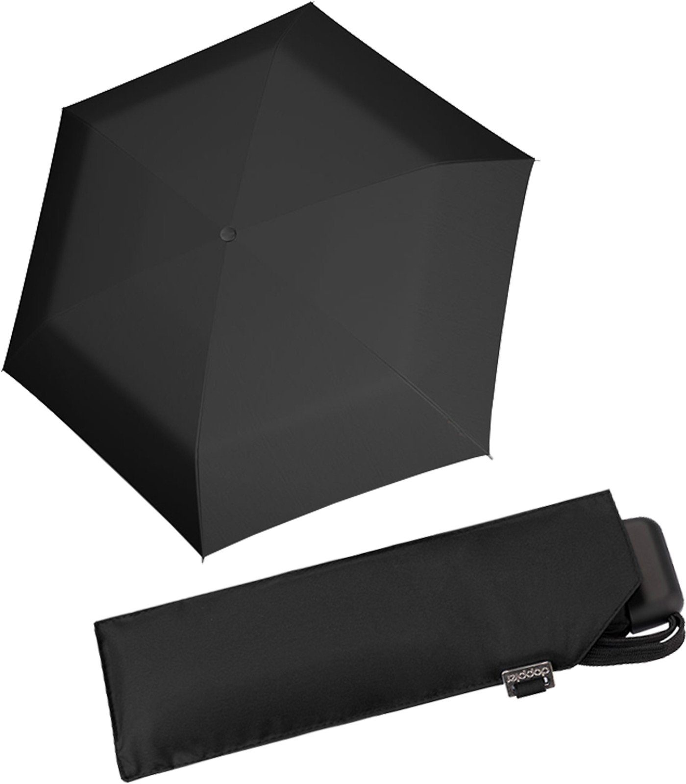 doppler® Taschenregenschirm ein leichter und flacher Schirm für jede Tasche, dieser treue Begleiter findet überall Platz schwarz | Taschenschirme