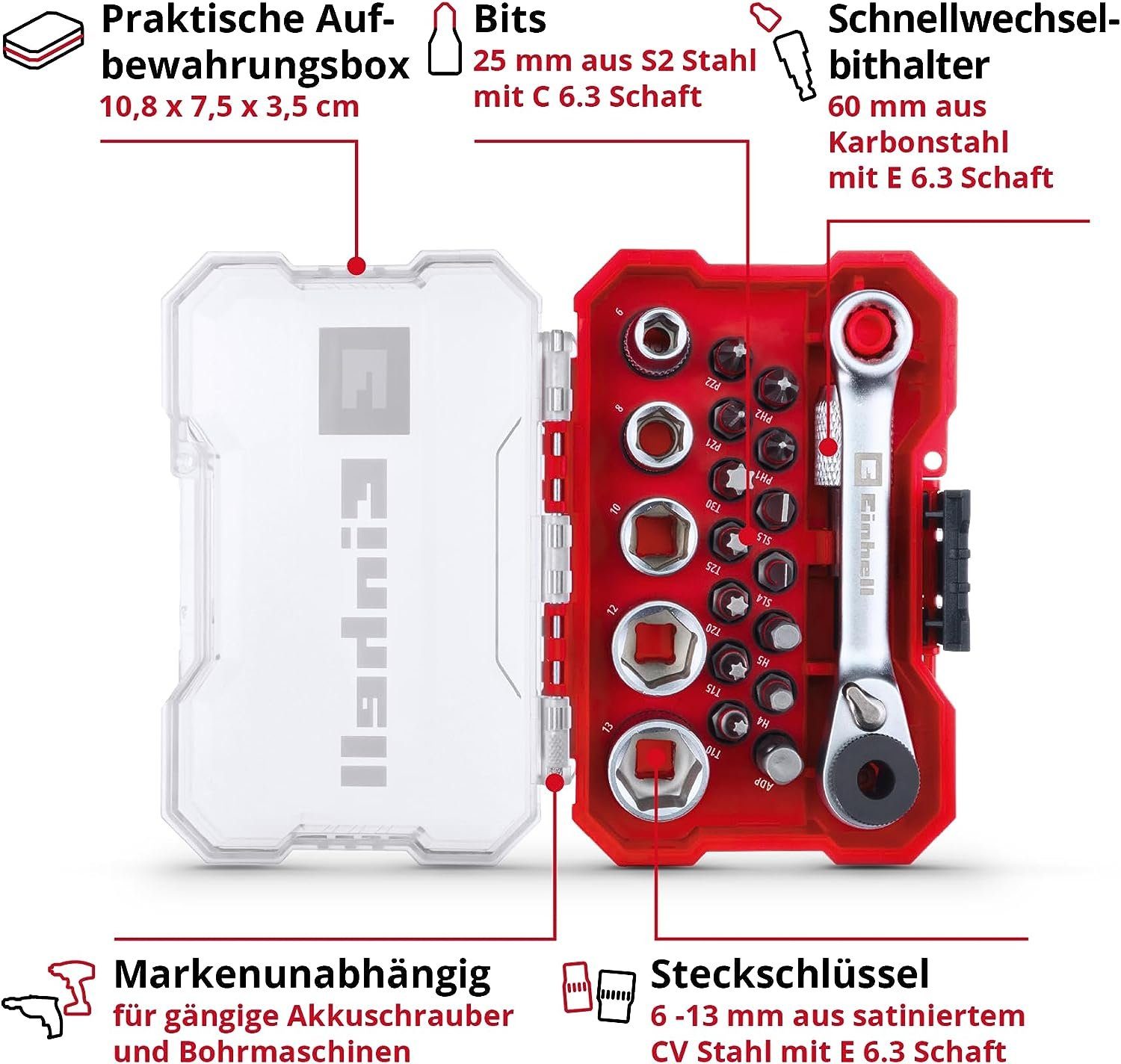 Einhell Bit-Set Einhell XS-CASE 21-tlg. Bit- und Steckschlüssel-Set (25-mm-Bits, Steck, 21-St., XS-CASE 21-tlg. Bit- und Steckschlüssel-Set, 25-mm-Bitsc