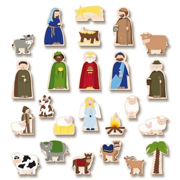 yoamo Adventskalender Spiel-Krippe für Kinder inkl. Adventskalender mit 24 Holzfiguren (27-tlg), hochwertigem Spielkoffer und Weihnachts-Geschichte 27-teilig (1 Set)