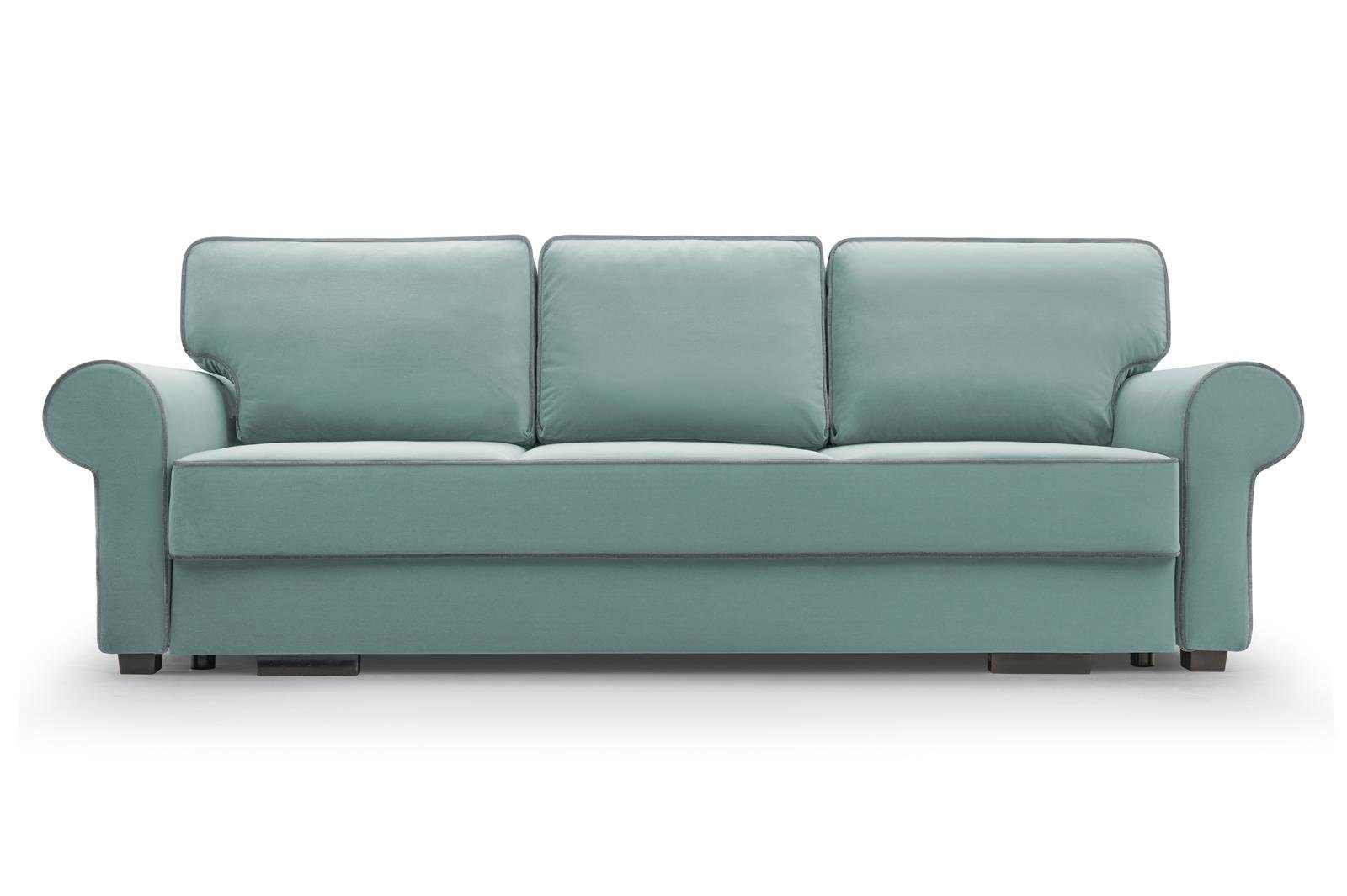 (matt 72 83) Retro-Stil, in Dreisitzer Hellblau velvet Schlaffunktion Bettkasten, + Veloursstoff, 3-Sitzer inklusive für BELLO, Wellenfedern, Wohnzimmer, aus Beautysofa Sofa