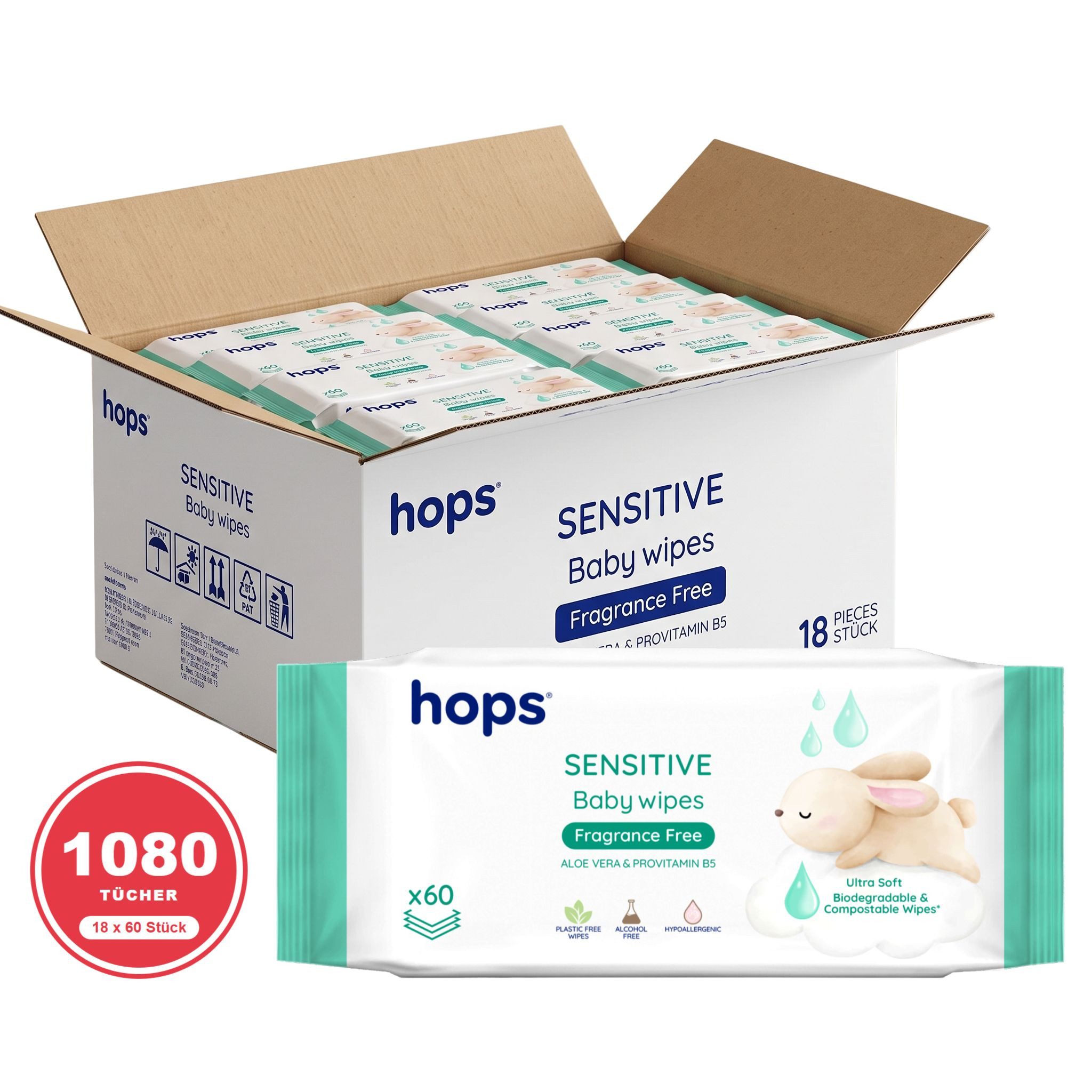 hops Baby-Feuchttücher HOPS Sensitive Baby-Pflegetücher parfümfrei 18 x 60 Stück, 18-tlg.