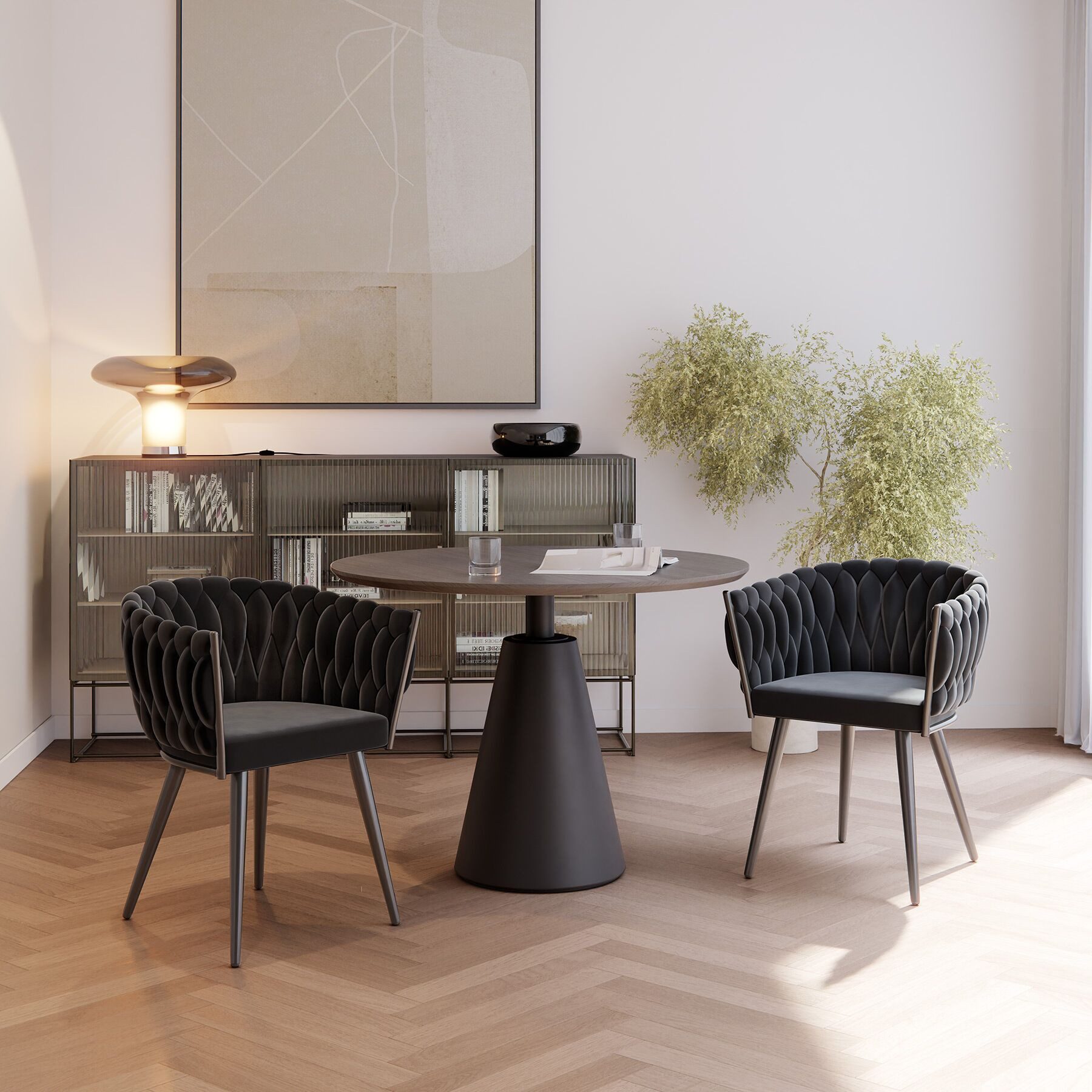 tectake Esszimmerstuhl Samtstuhl gepolstert, mit Samtbezug, Knotendesign, 60,5 x 55 x 75 cm (Wohnzimmerstuhl Astano in schwarz, 2 St), Stahlbeine, höhenverstellbare Kunststofffüße, Belastbarkeit 120 kg