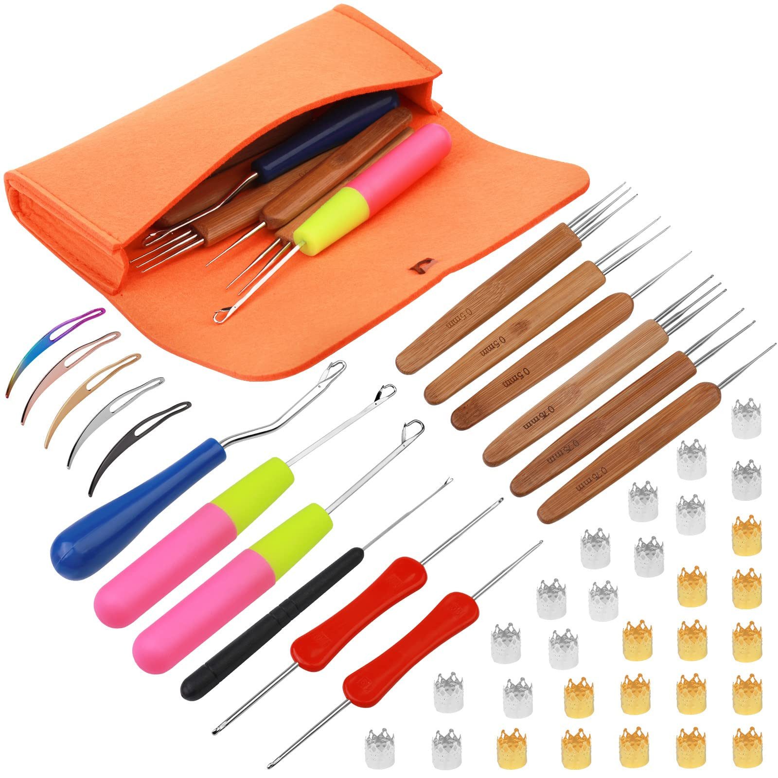 RWEUOQ Häkelnadeln Häkelnadel Set mit Stricknadeln Zubehöre und Tasche 48 Stück, Edelstahl-Häkelnadeln mit ergonomischem Bambusgriff, 6 Dreadlock-Häkelnadeln, gebogene Knüpfnadeln unterschiedlicher Größe, Ideal für Anfänger und Profis