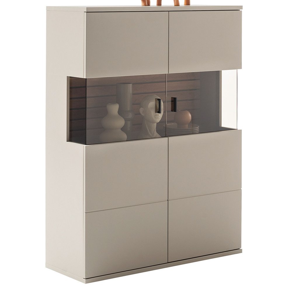 Lomadox Highboard LIEZEN-05, Grau mit Rückwand in Eiche, Breite 100 cm, Glasfront, montiert