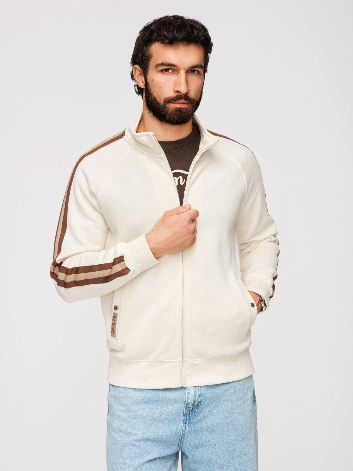 Sweatshirt Herren Sweatshirt mit Reißverschluss und Stehkragen Creme S