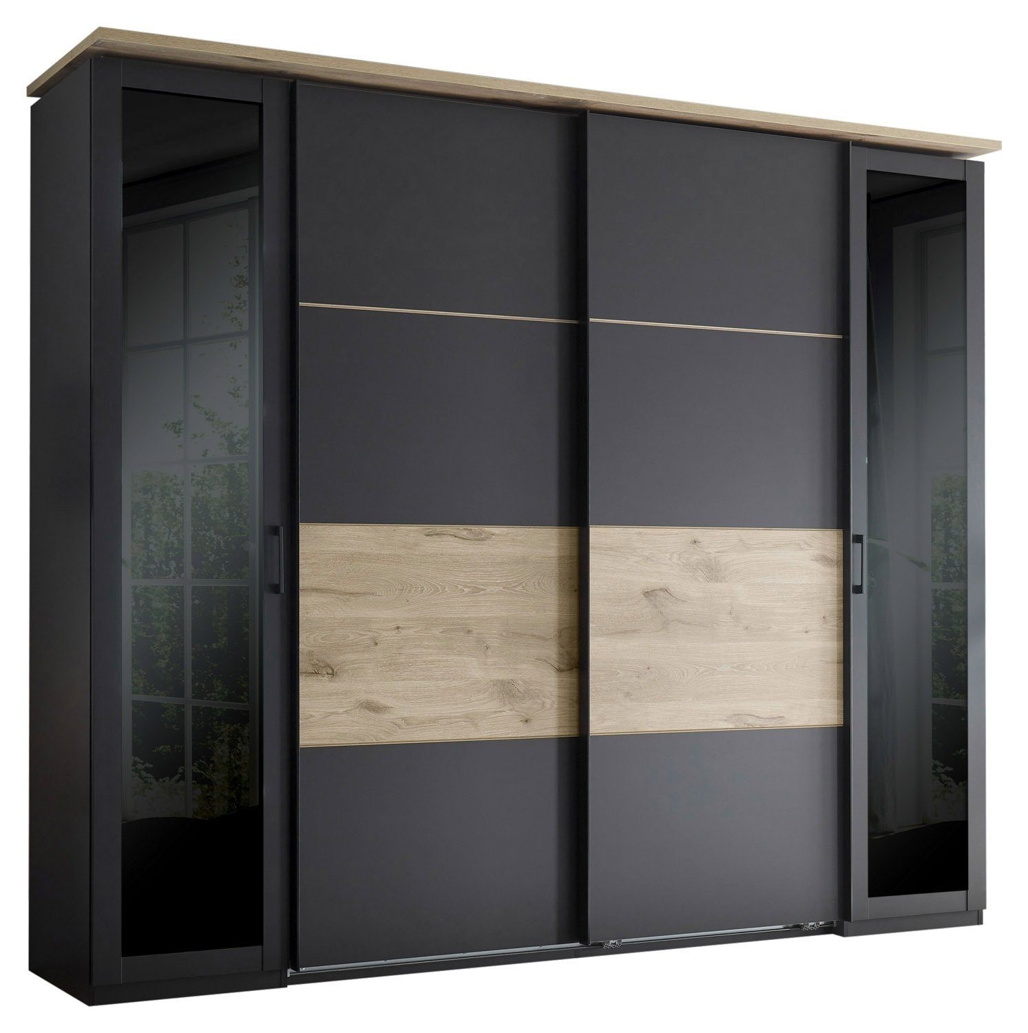 Pol-Power Kleiderschrank SMOOTHY, 4-türig, Anthrazit, Viking Eiche Dekor, Drehtüren mit Glasfronten, B 267 x H 225 x T 61 cm