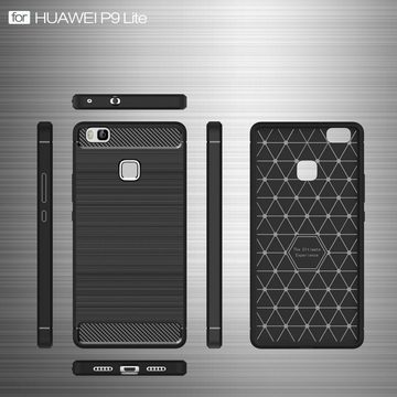 König Design Handyhülle Huawei P9 Lite, Huawei P9 Lite Handyhülle Carbon Optik Backcover Schwarz