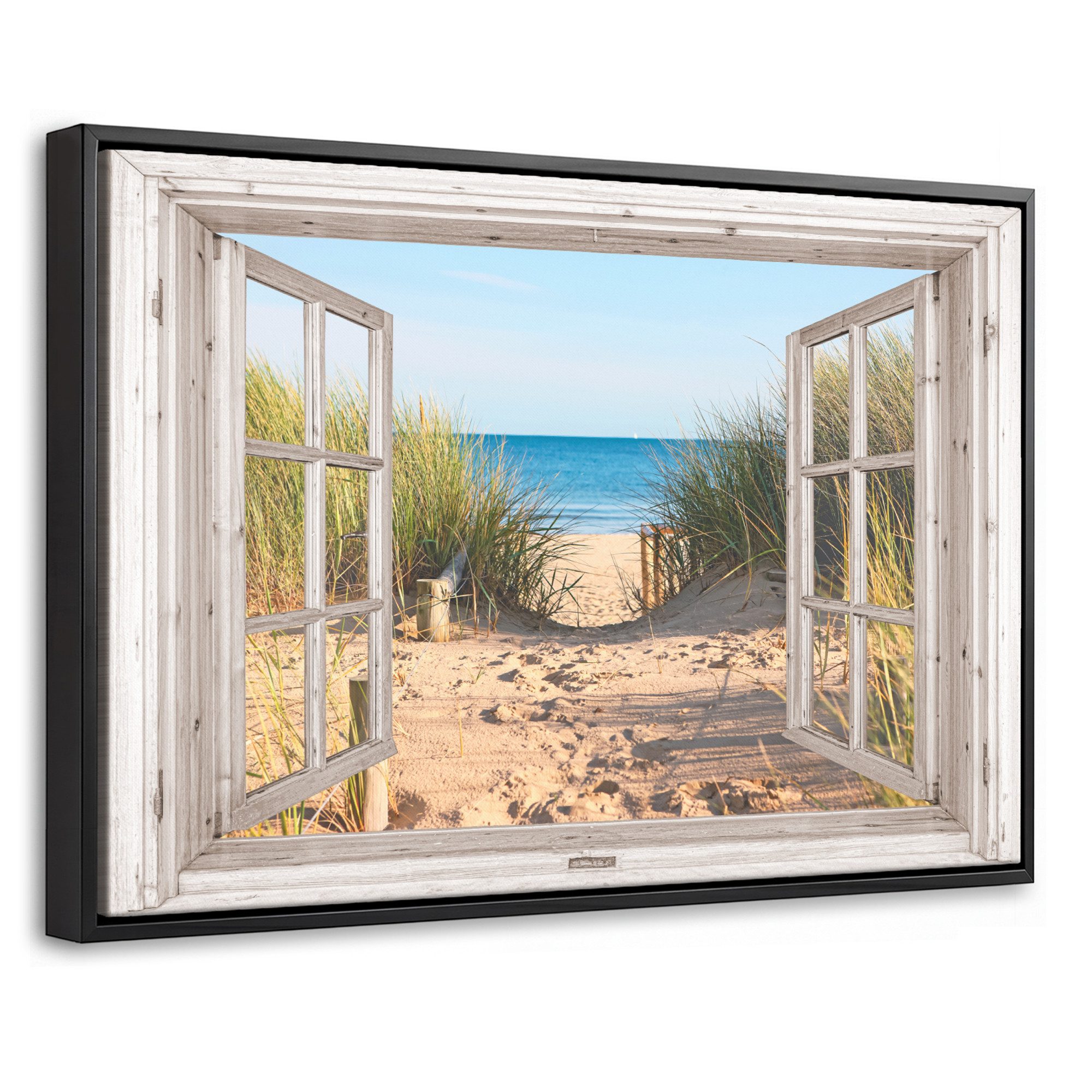 OneMillionCanvasses® Leinwandbild mit Rahmen - Durchblick - Strand - Meer - Dünen - Sand - Wasser - Hoch, Fotodruck (1 St), Bilder, Zimmer Wand Bild Dekoration 30x20cm