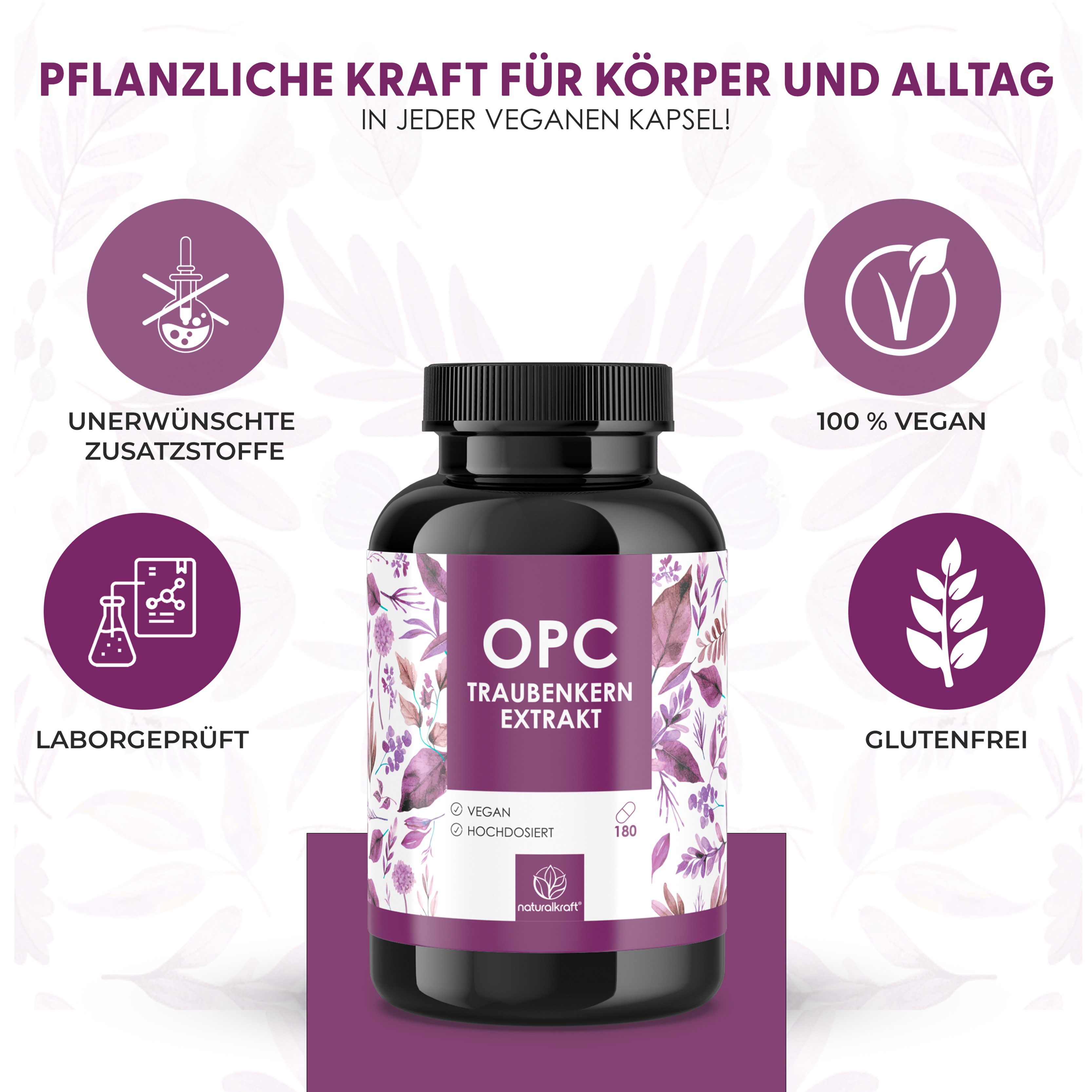 Naturalkraft OPC Traubenkernextrakt 1250 mg – 180 vegane Kapseln, hochdosiert Kapseln, 133 g