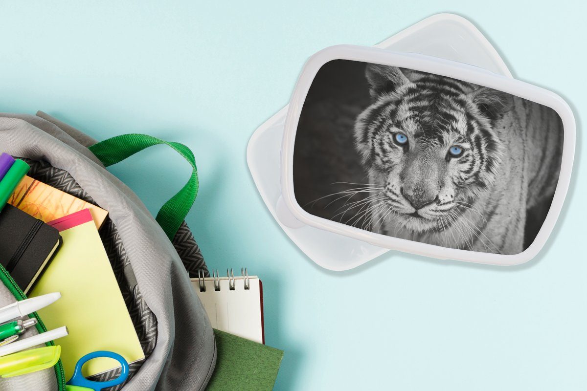 Blau, Brotbox - - Tiger - Jungs MuchoWow Mädchen - und und Kunststoff, Augen Lunchbox Erwachsene, Schwarz Kinder für Brotdose, (2-tlg), Tiere für und weiß