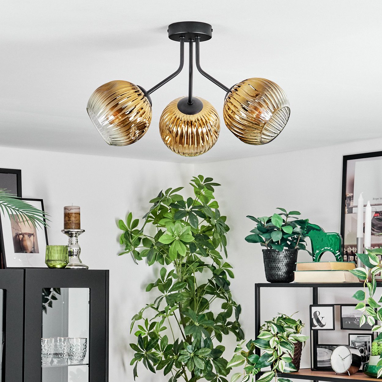 hofstein Deckenleuchte Deckenlampe aus Metall/Riffelglas in Schwarz/Goldfar günstig online kaufen