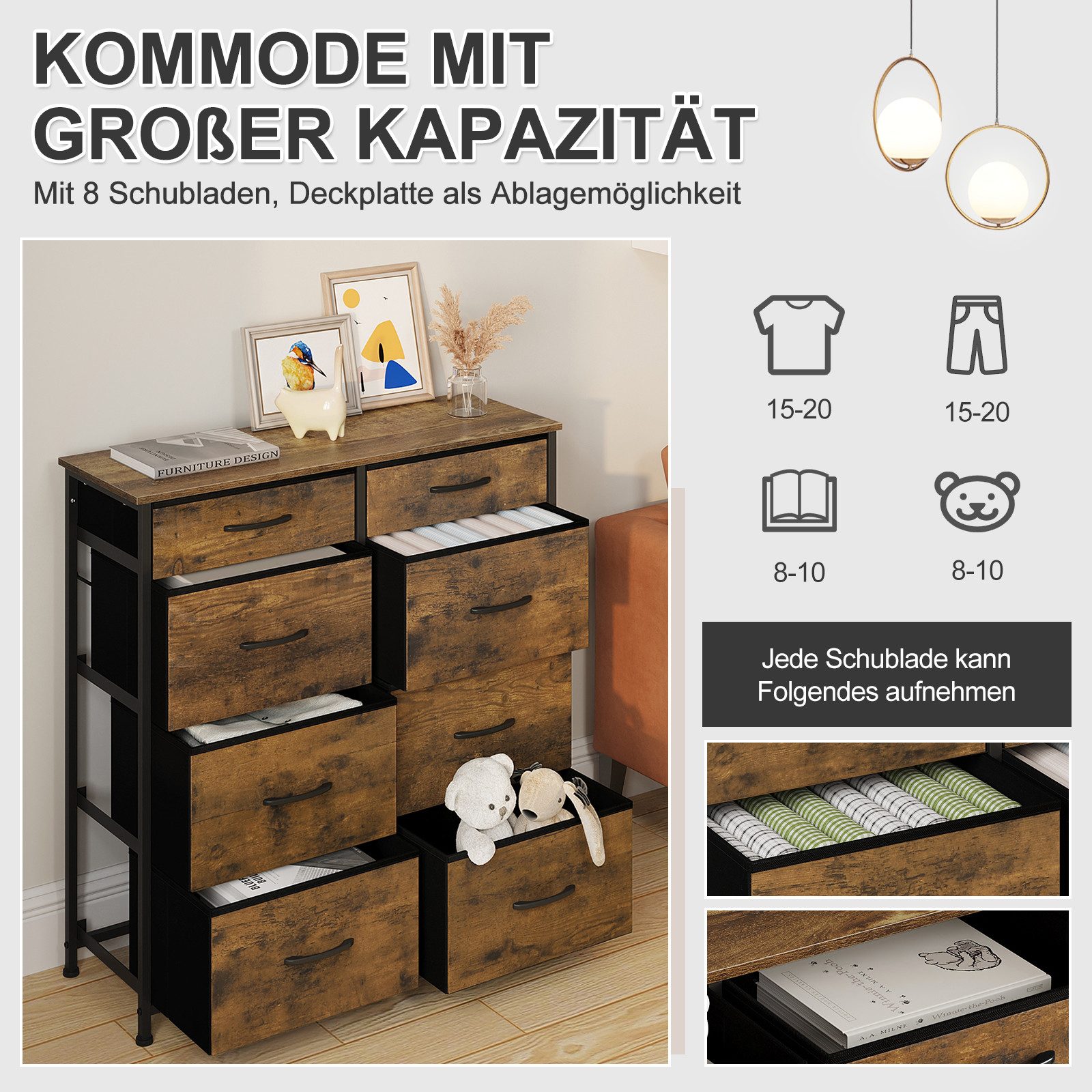 Woltu Kommode, mit 8 Stoffschubladen, für Schlafzimmer Wohnzimmer Flur