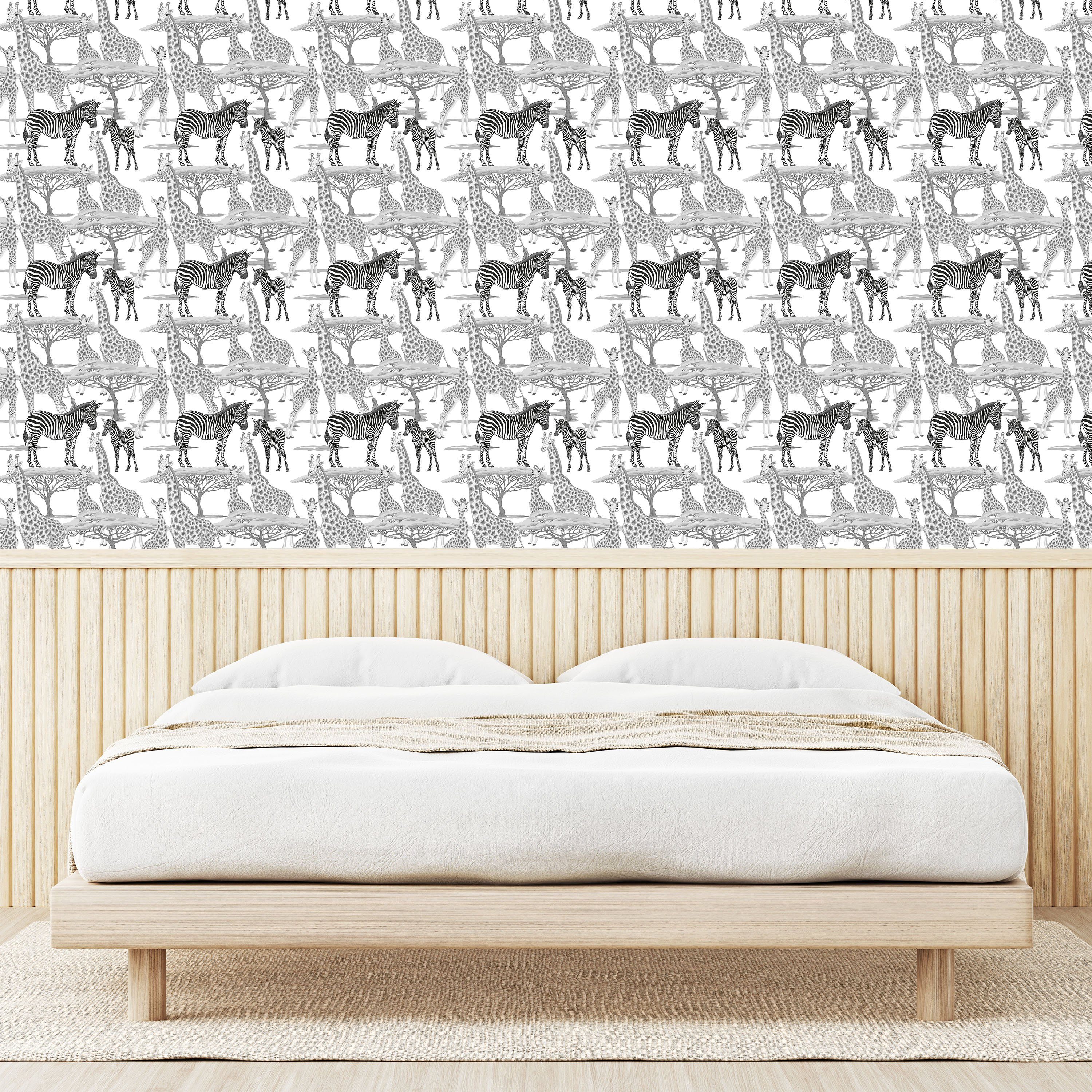Abakuhaus Vinyltapete selbstklebendes Wohnzimmer Zebras Küchenakzent, afrikanisch Bäume Giraffen und