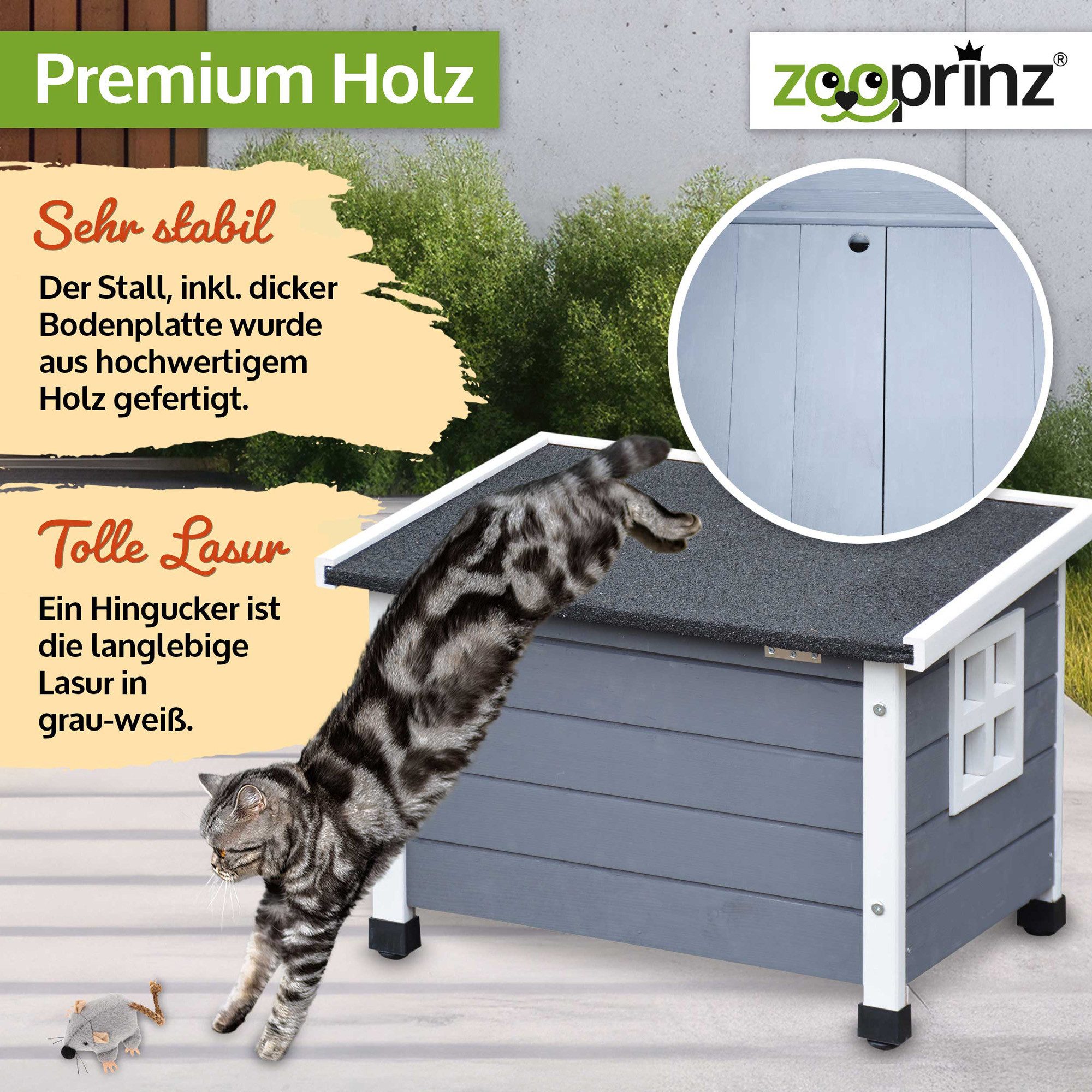 Zooprinz Tierhaus Katzenhaus Winterfest Indoor Outdoor mit Plüschmaus, Massivholz, klappbares Bitumendach, wetterfest, made in Europe