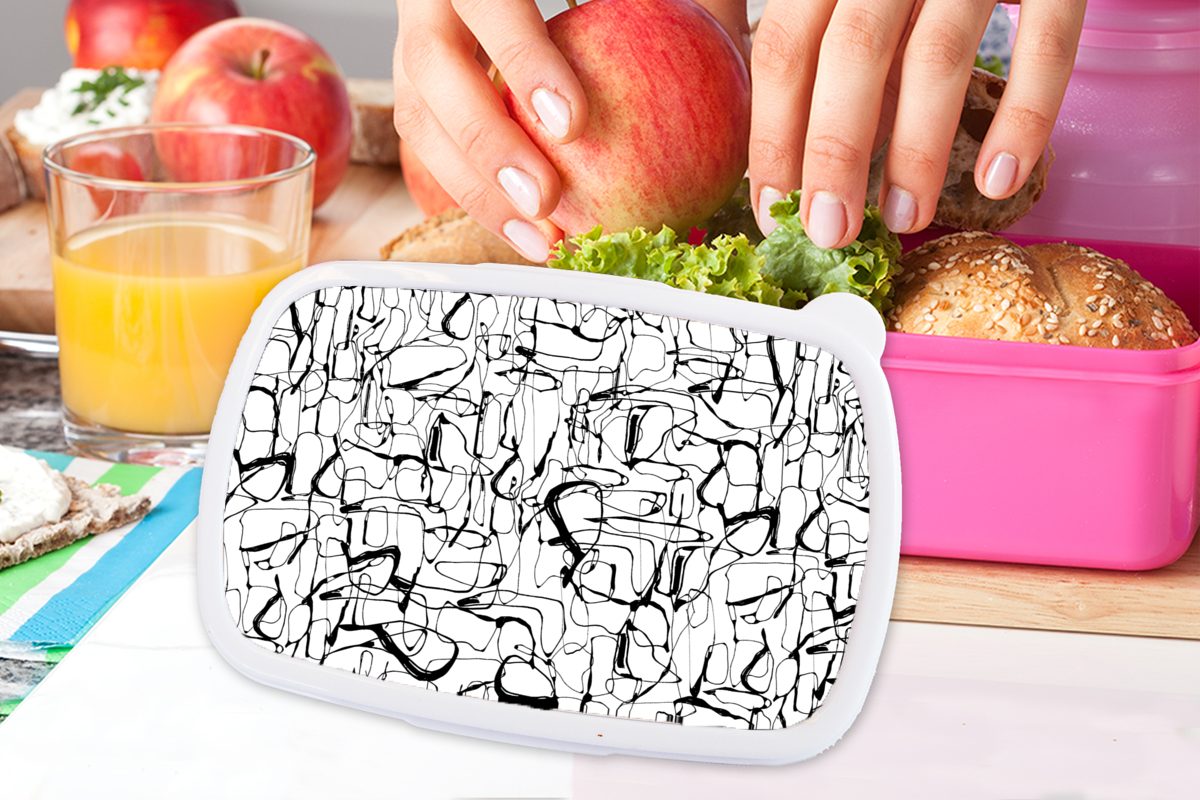 - Mädchen, Kunststoff, - Brotdose Snackbox, MuchoWow Erwachsene, Abstrakt Kunststoff Weiß, Schwarz Brotbox (2-tlg), für und rosa - Muster Lunchbox Linienkunst Kinder,
