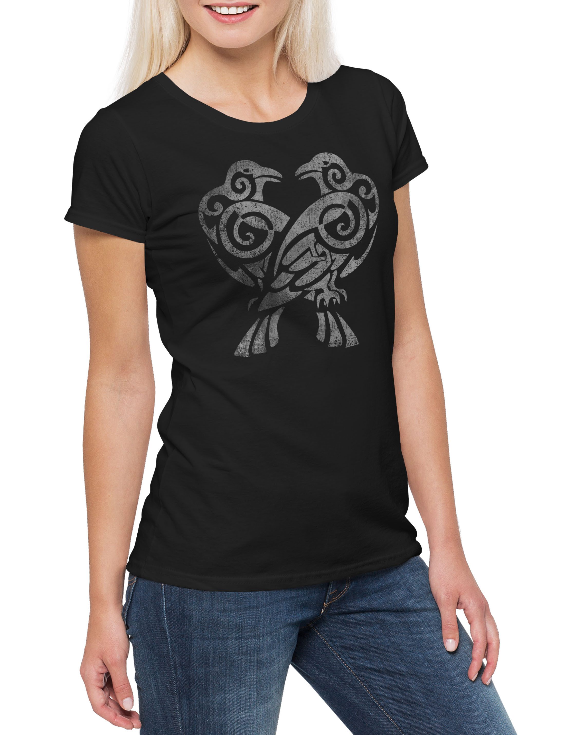 Urban Backwoods Print-Shirt Hugin And Munin IV Damen T-Shirt Runen Runes Raben Walhalla Odin Thor (1-tlg) Norse Raven Vikings Wikinger