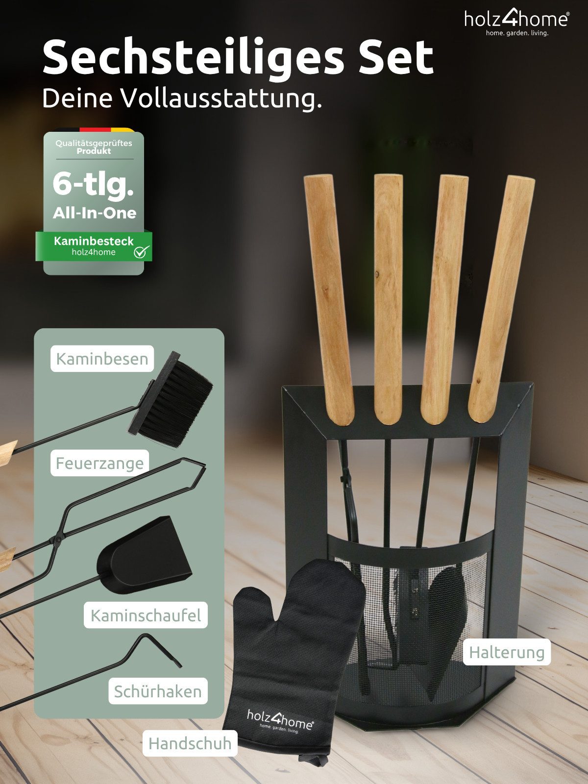 holz4home® Kamingarnitur Kaminbesteck 6-tlg. Schwarz mit Holzgriff inkl. Ofenhandschuh, (6. tlg), Komplettset