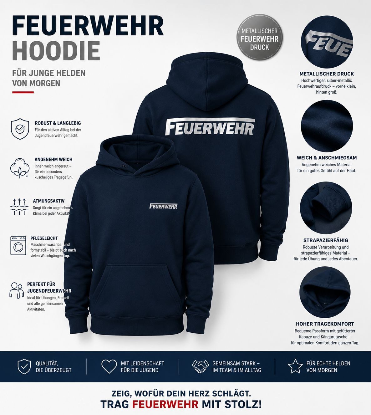 Hoodie Feuerwehr Kinder Hoodie Dunkelblau Kapuzensweatshirt