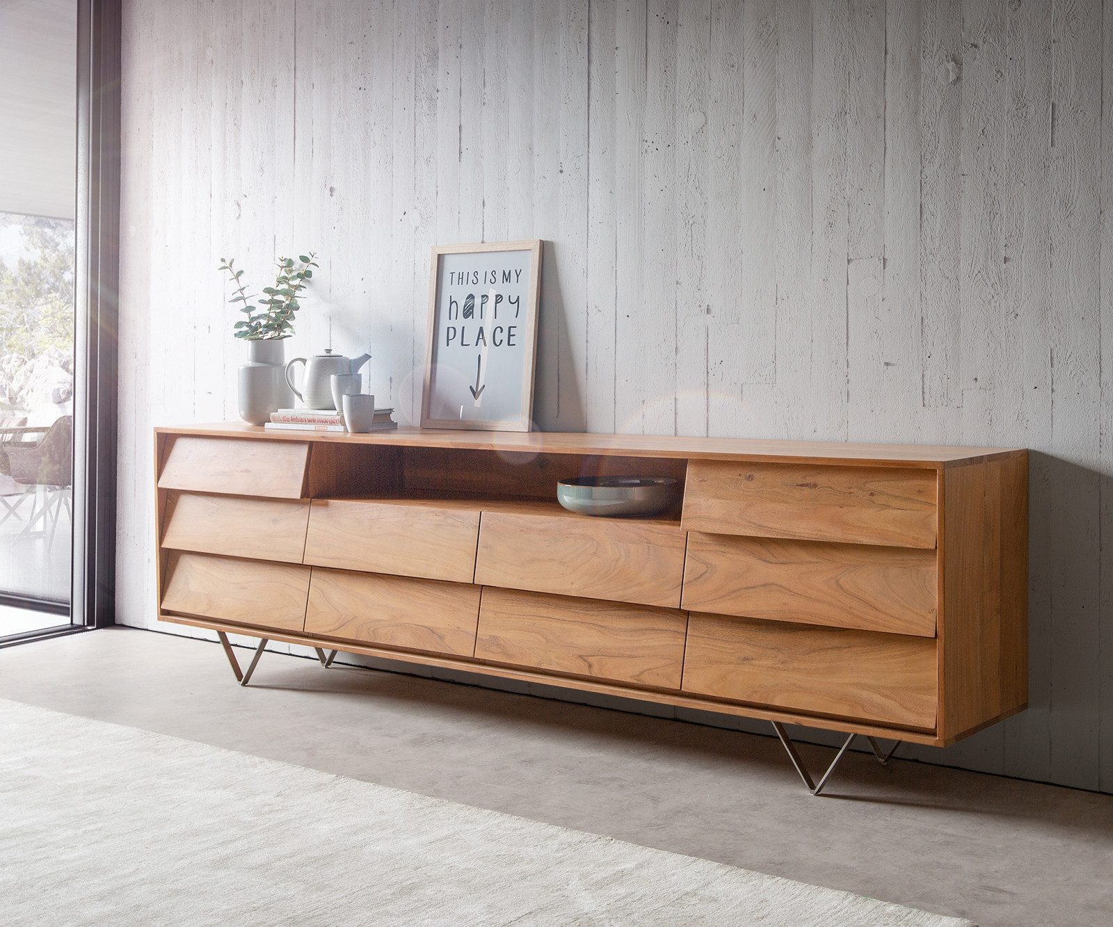 DELIFE Sideboard Eloi, Akazie Natur 240x40 cm 2 Türen 6 Schubladen V-Fuß Edelstahl