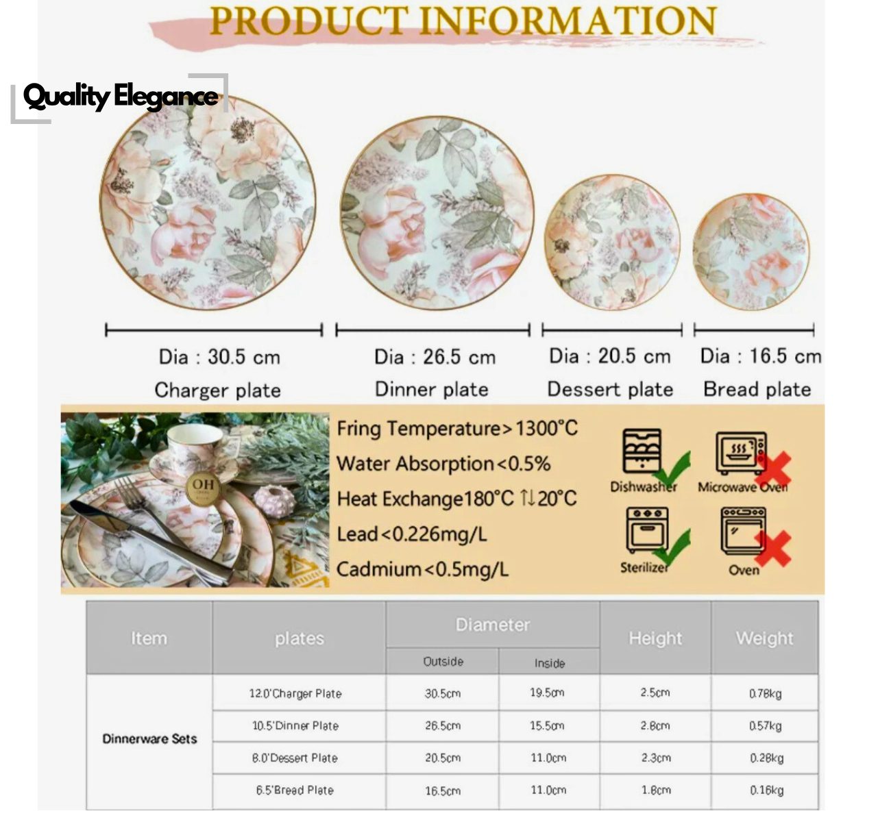 Quality Elegance Speiseteller Luxury Pink Floral 4-Pcs Elegantes Geschirrset