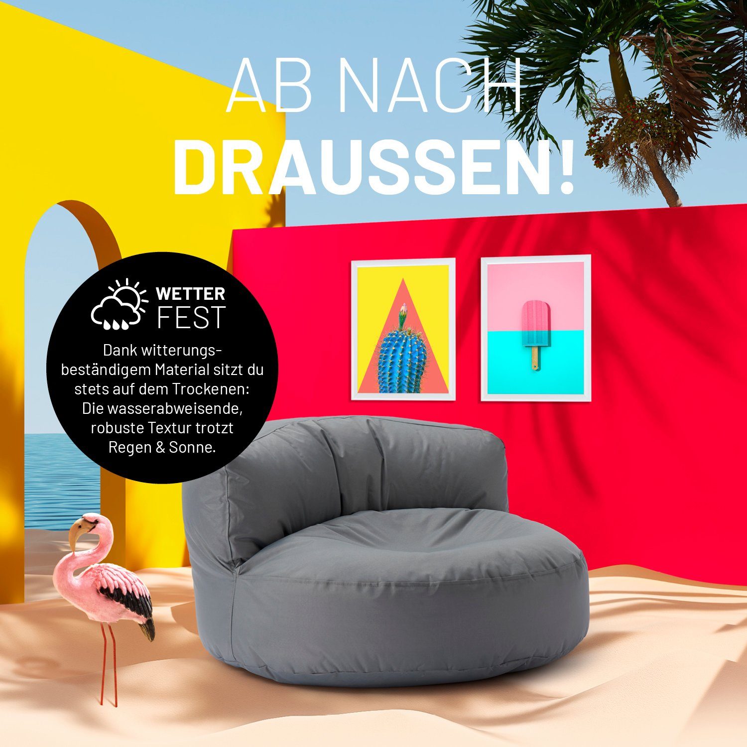 grau Couch Bag 90x90x50cm Sitzkissen Outdoor Round Sofa Lumaland Rückenlehne Lounge, inkl. Bean Sitzsack In-&