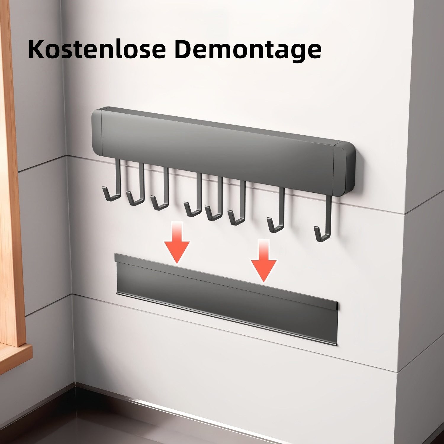 PFCTART Hakenleiste Hakenleiste Küche 30/40/50cm,Küchenhalterung ohne Bohren, (Set, 1 St., Aluminium küche Hakenleiste, Matte Oberfläche, Schwarz), Abnehmbarer  – Bild 4 von 5