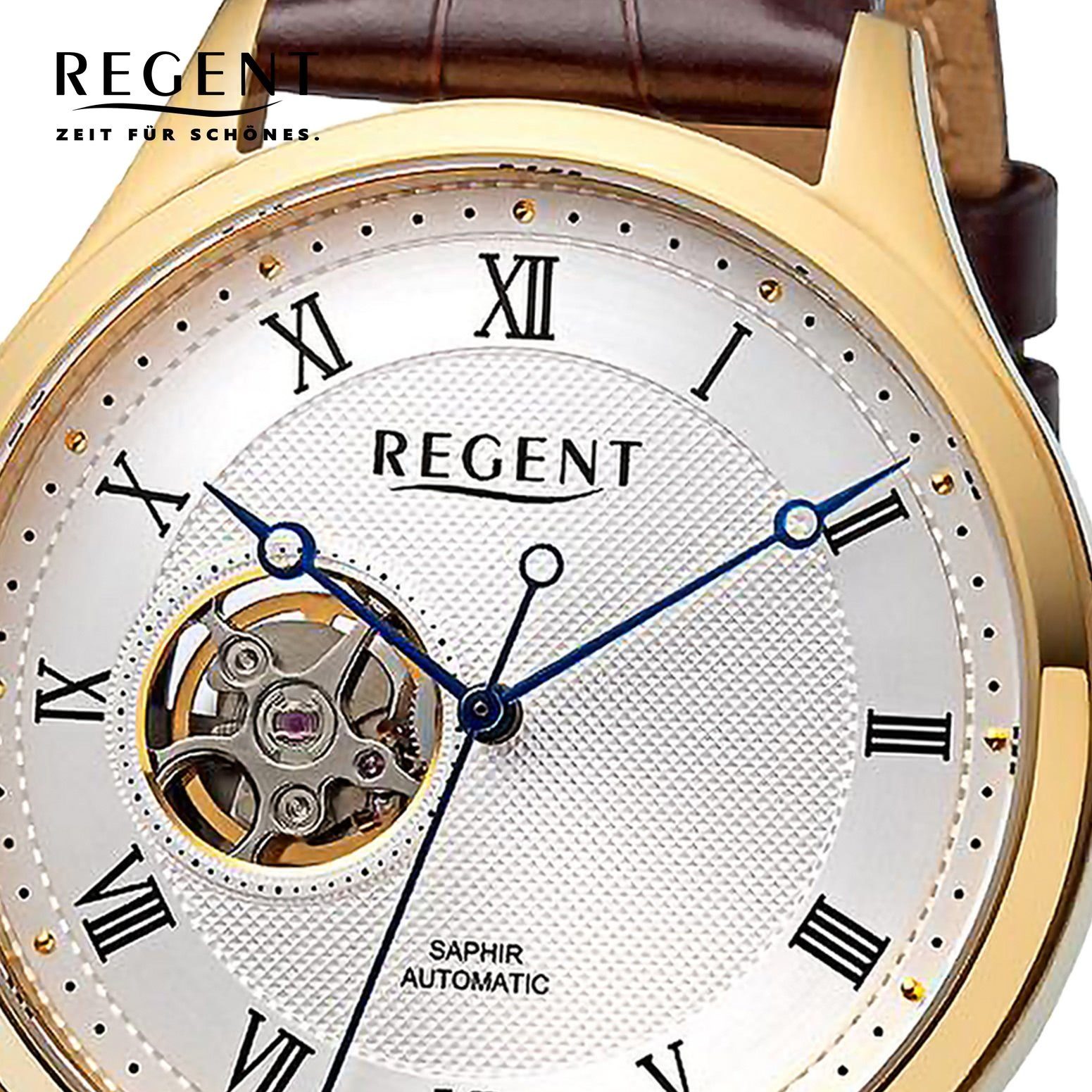 Regent Automatikuhr Regent Herren Armbanduhr Analog, (Analoguhr), Herren Armbanduhr rund, extra groß (ca. 42mm), Lederarmband