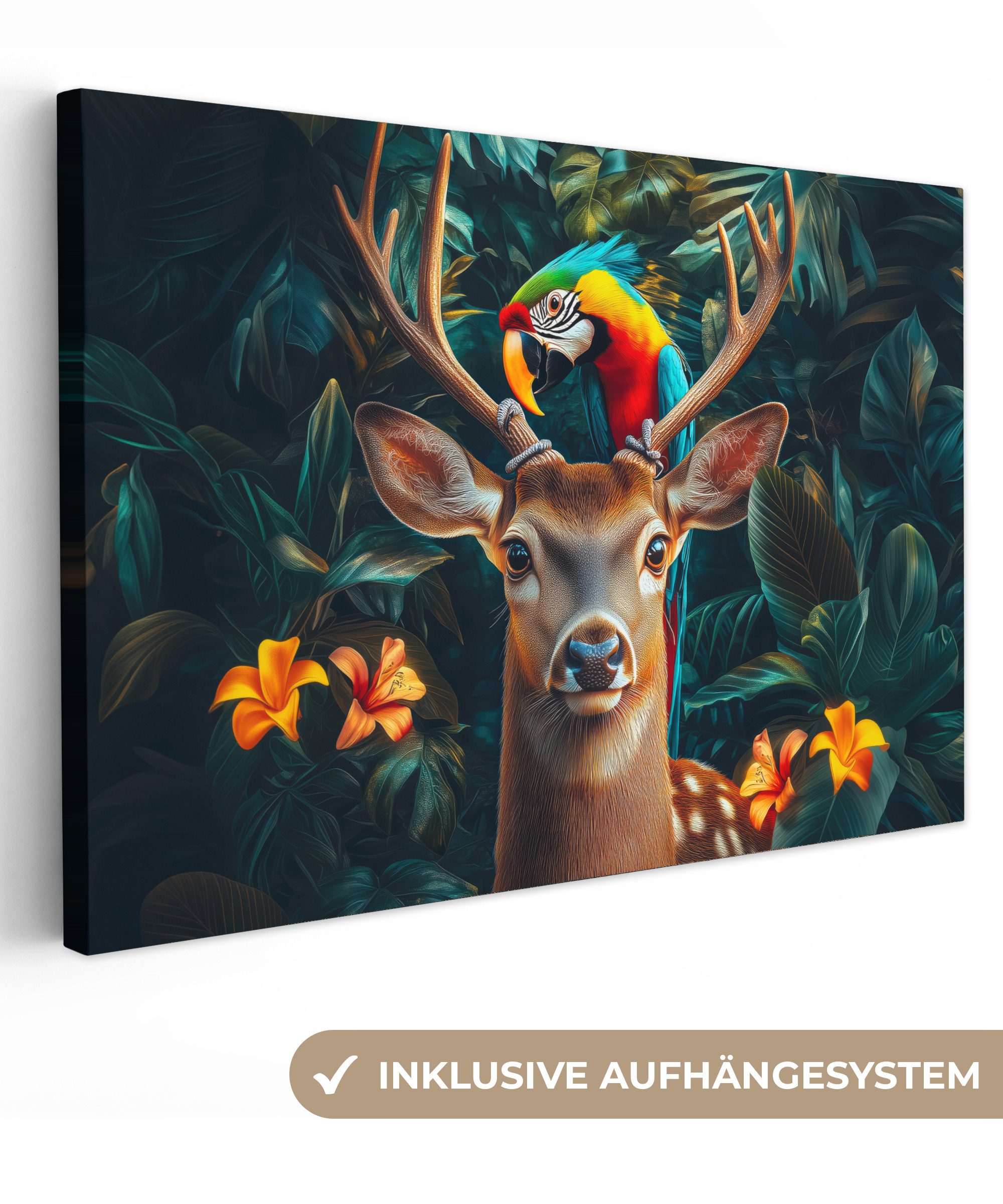OneMillionCanvasses® Leinwandbild Hirsch - Papagei - günstig online kaufen