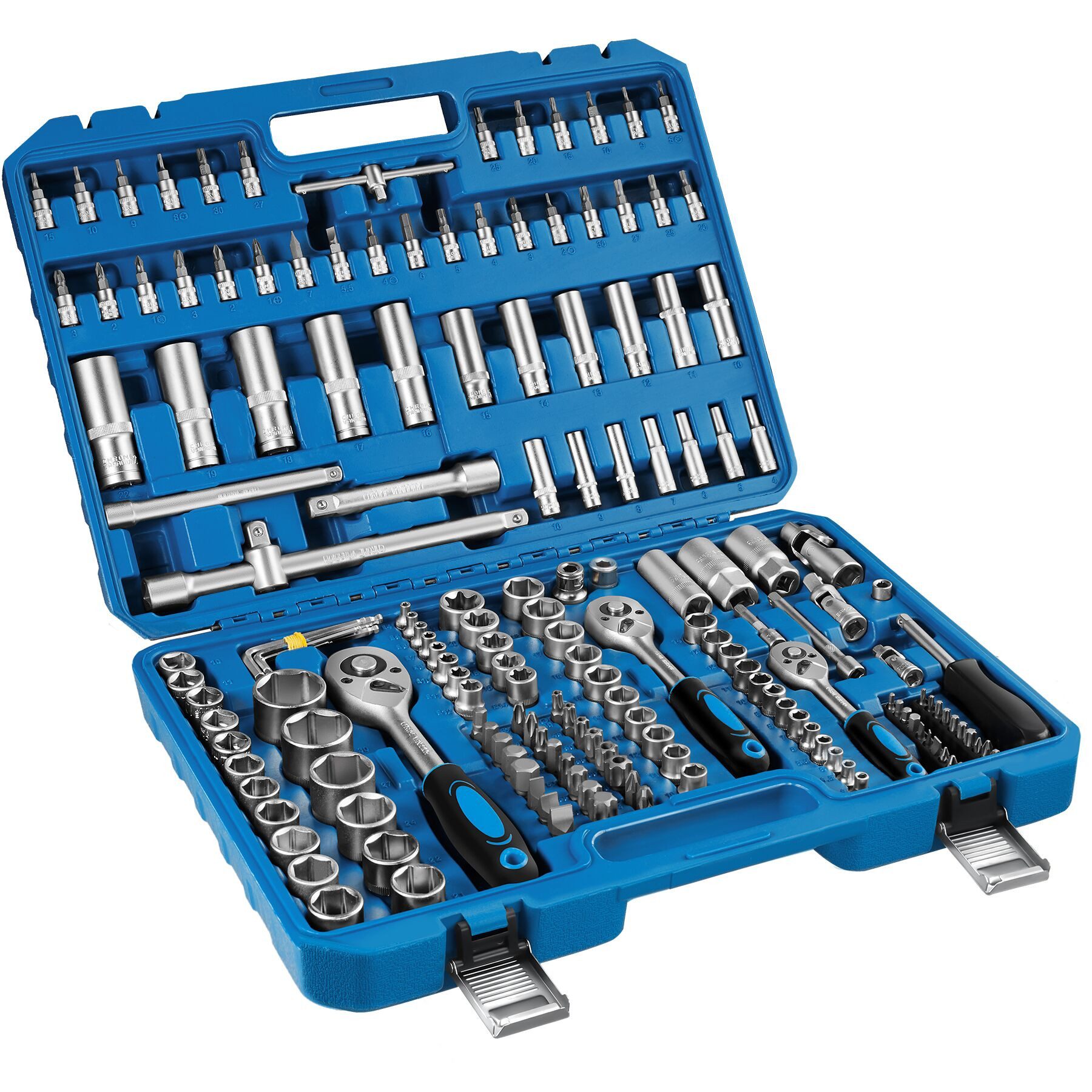 tectake Steckschlüssel Werkzeugkoffer, übersichtliche Anordnung im Kunststoffkoffer (Schraubenschlüssel, 1 St., 171-teilig in blau), aus Chrom Vanadium Stahl mit Kodierung und Kugelfangrille