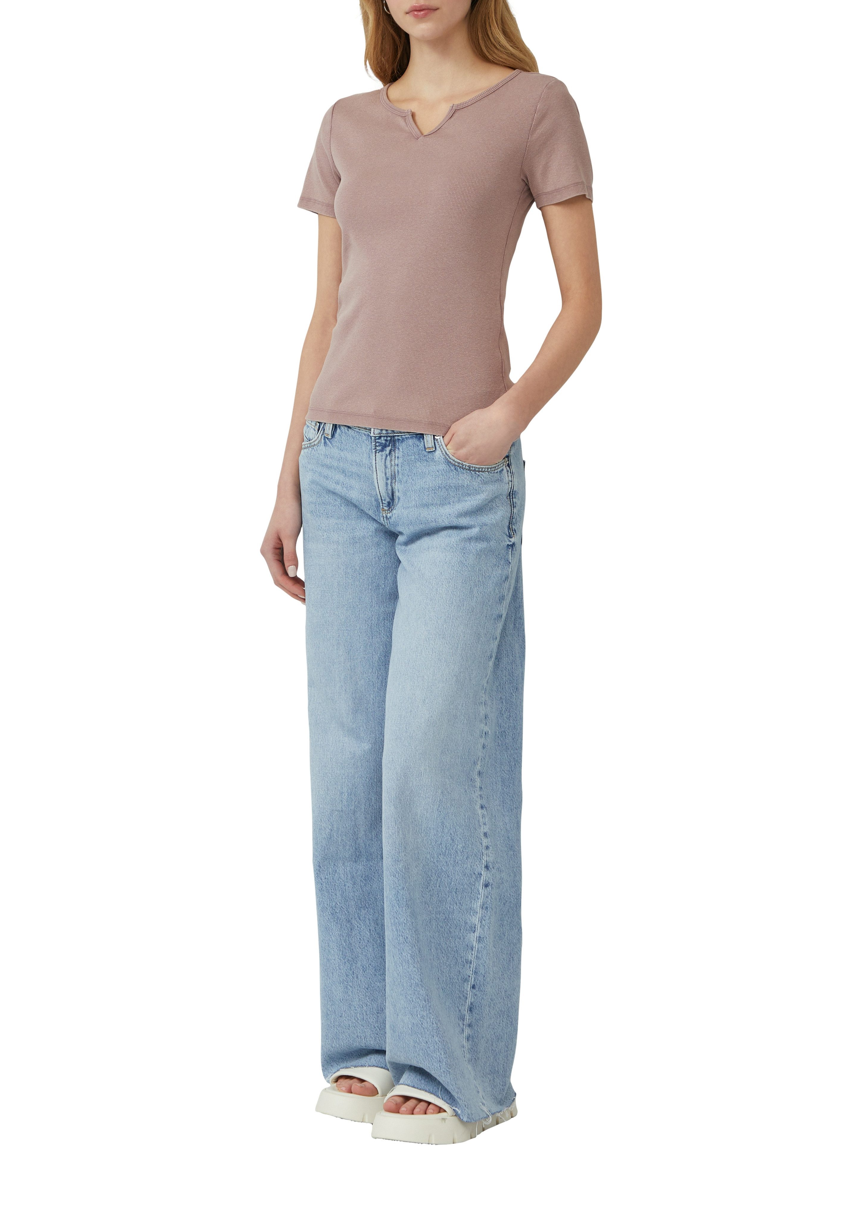 QS T-Shirt in Ripp-Optik und mit Splitneck günstig online kaufen