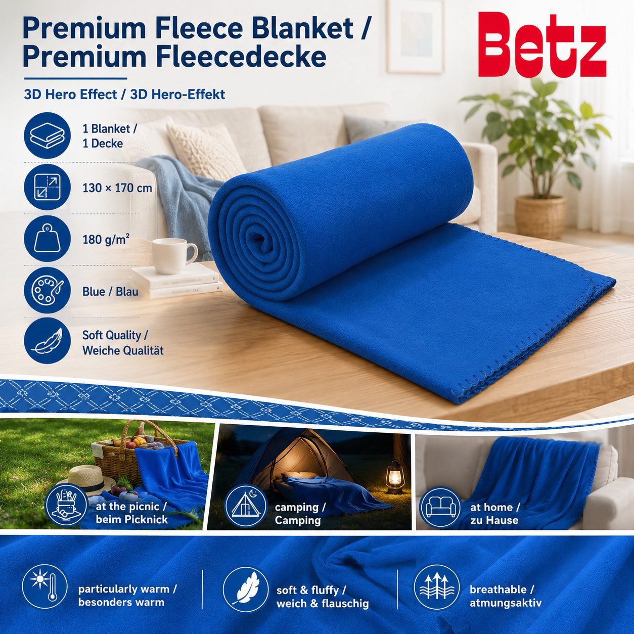 Wohndecke Betz Fleecedecke 130x170 cm 180g/m² – Weiche Wohndecke & Kuscheldecke, Betz, Leicht, wärmend & pflegeleicht – Bild 2 von 5