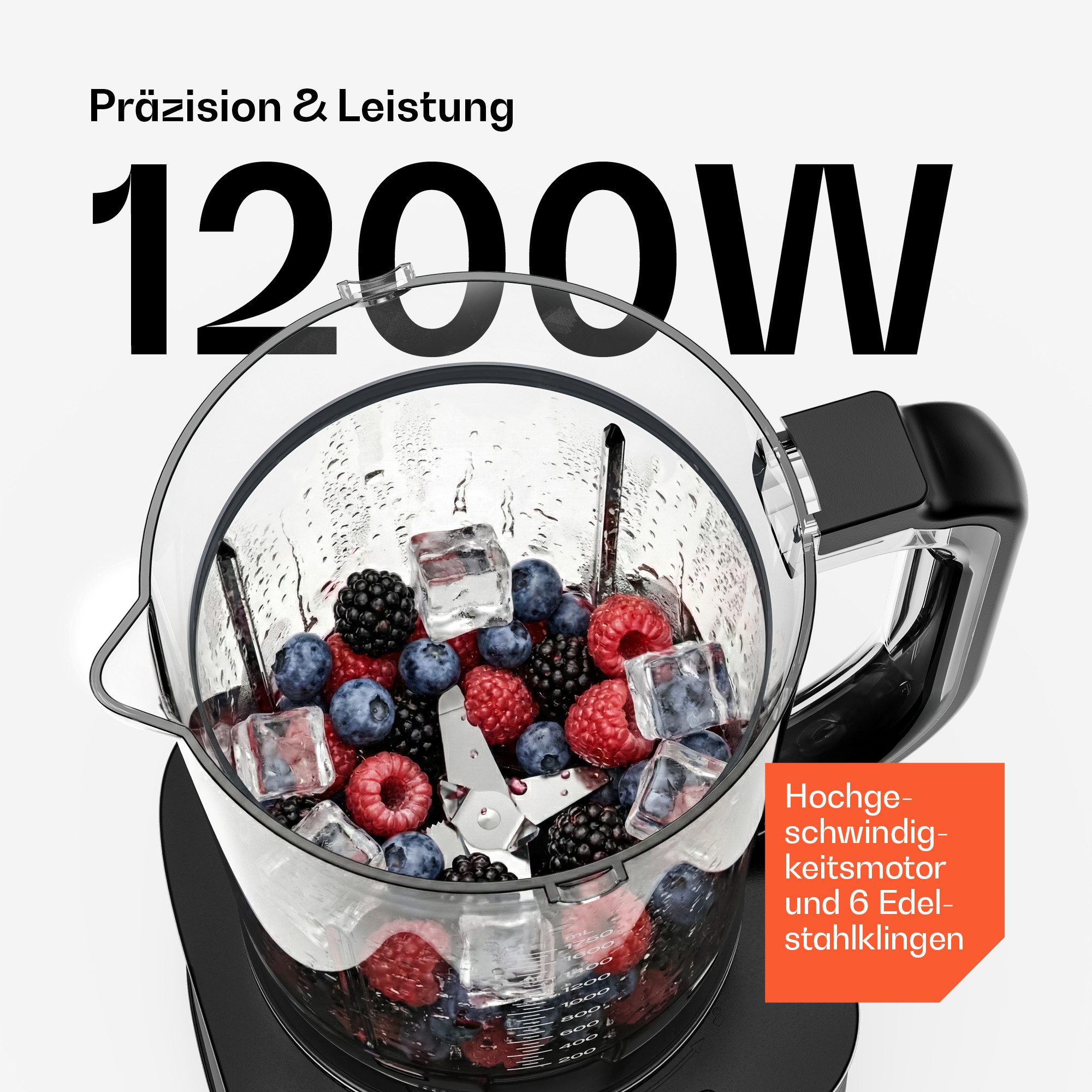 Klarstein Küchenmaschine Verosteel Küchenmaschine + Mixer 1200W 2L+1,75L 10 Stufen 6 Programme, 1200 W, Standmixer Knetmaschine Rührgerät mit Touch & 6 Programm – Bild 4 von 5
