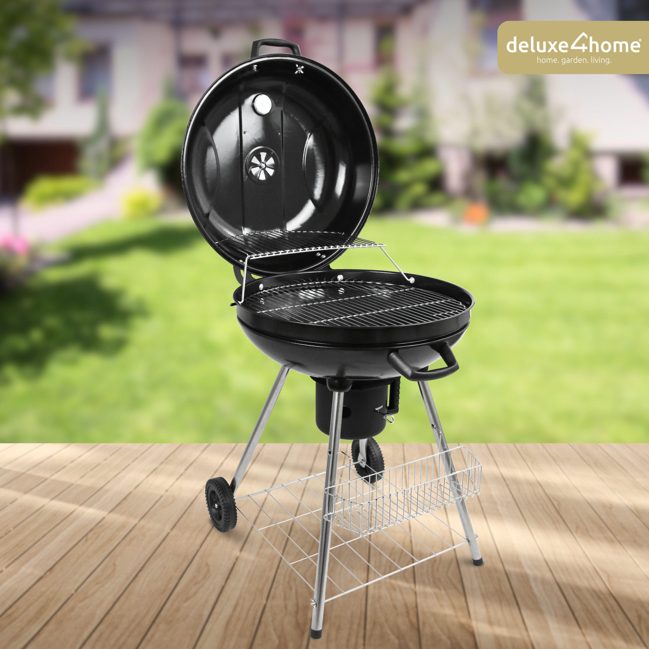 deluxe4home Holzkohlegrill Kugelgrill Ø55 cm I Großer Rollbarer BBQ Grill Kohlegrill, inkl. Grillhandschuh, Aschebehälter, Thermometer
